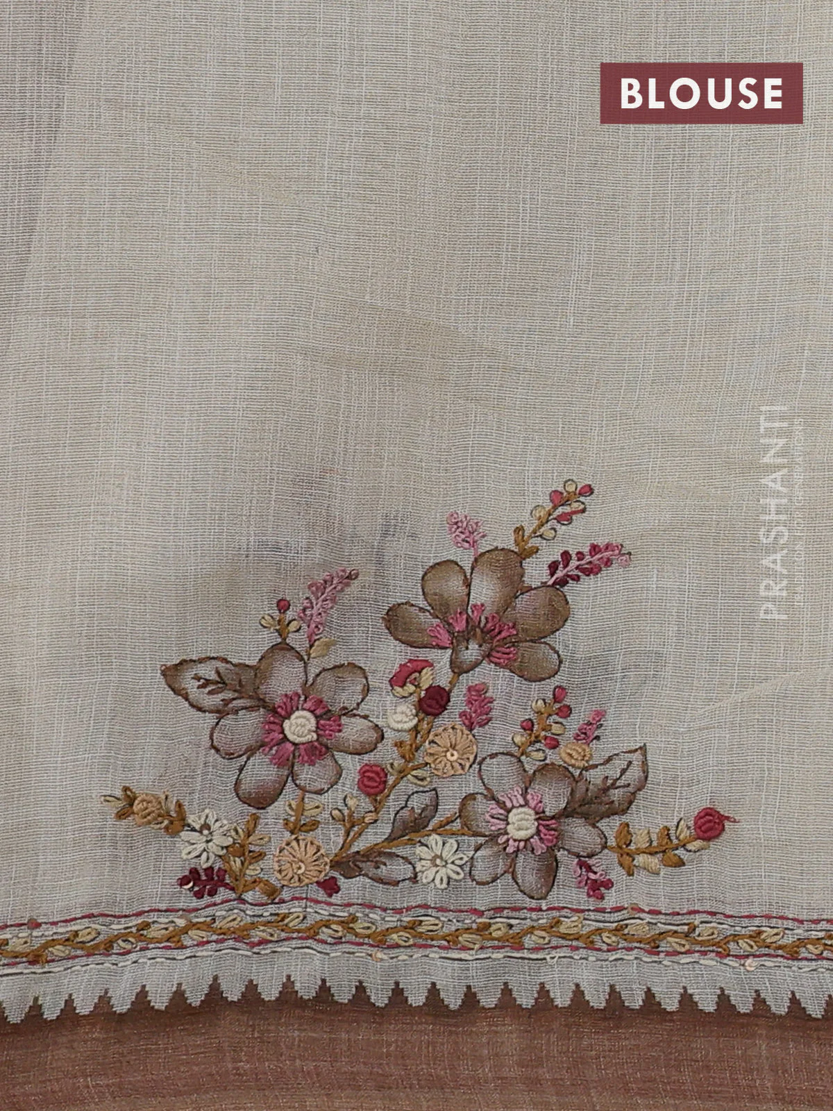 Linen cotton saree cream and brown with kantha stitch work and zari woven border - Image 3