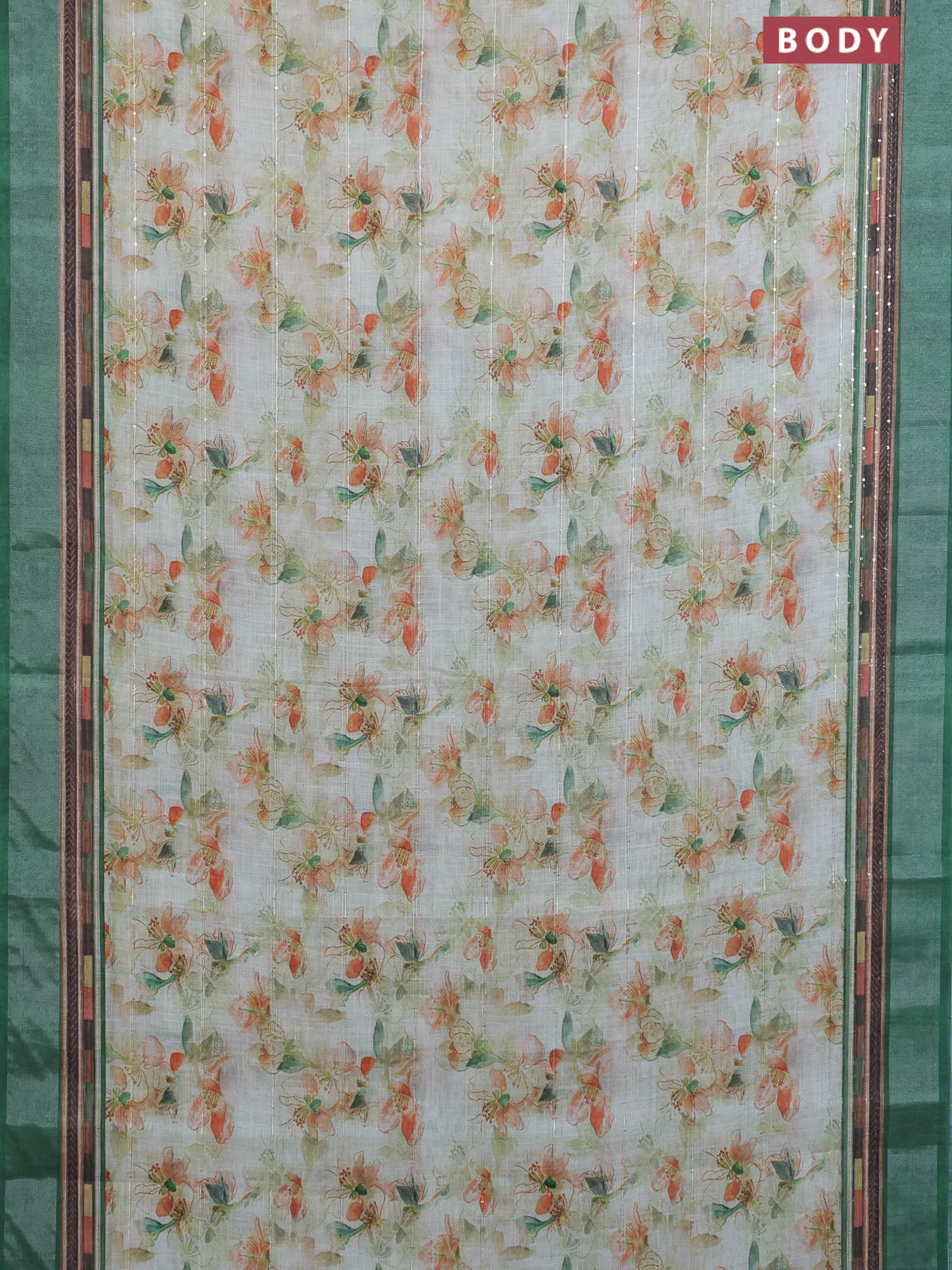 Linen cotton saree cream and green with allover floral prints & sequin work and silver zari woven border - Image 2