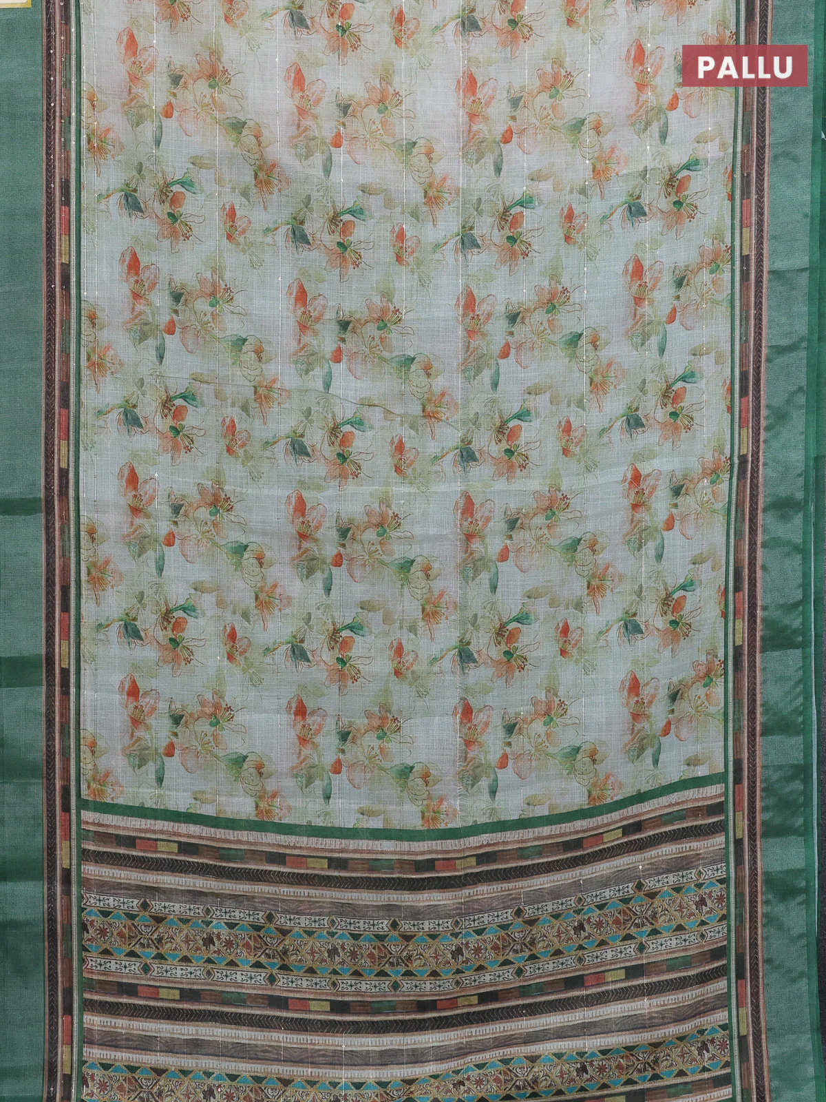 Linen cotton saree cream and green with allover floral prints & sequin work and silver zari woven border - Image 3