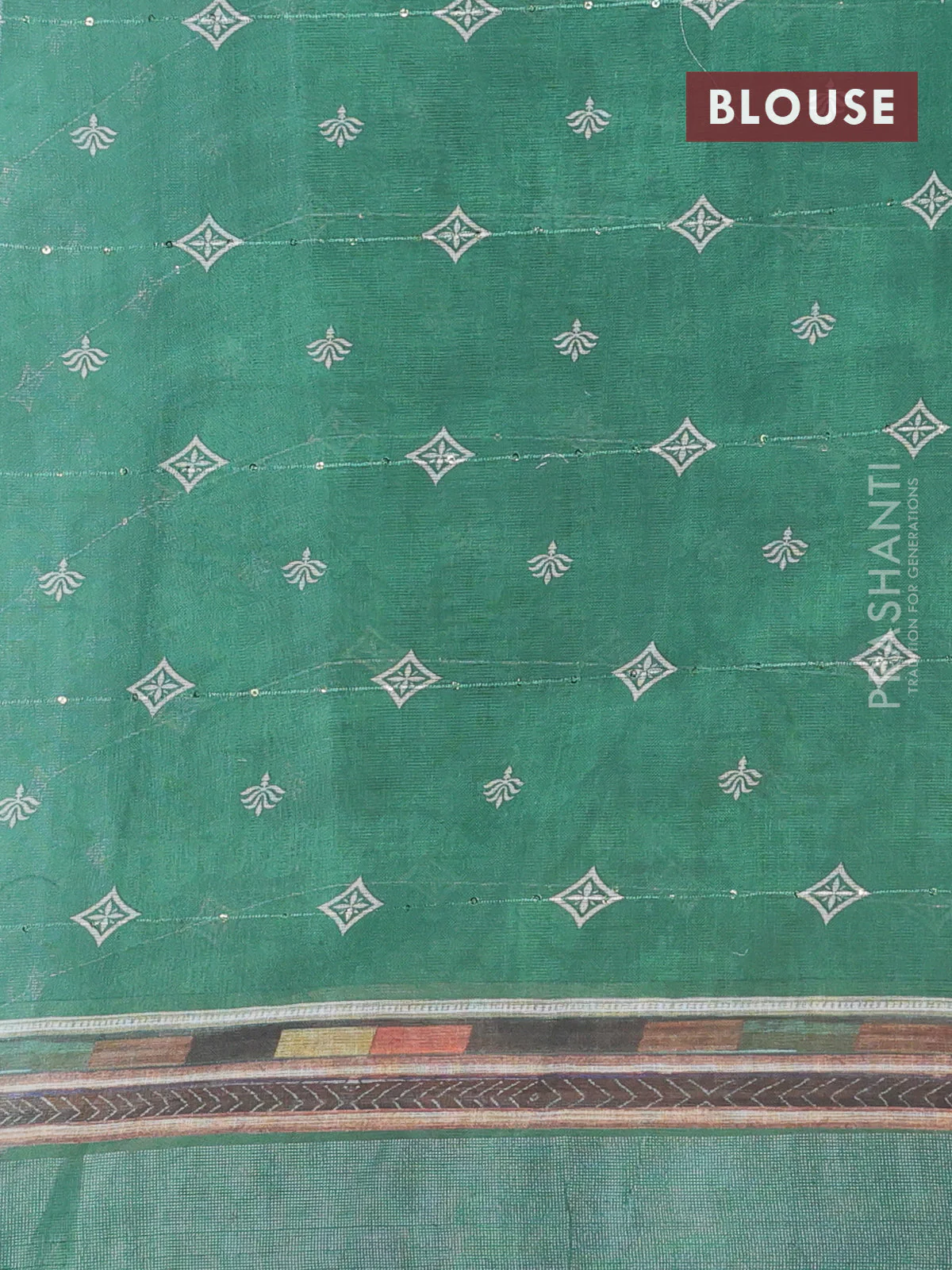 Linen cotton saree cream and green with allover floral prints & sequin work and silver zari woven border - Image 4