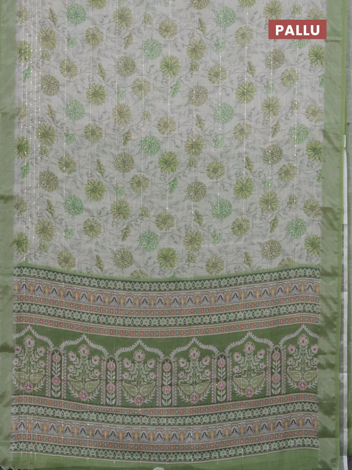 Linen cotton saree cream and green with allover floral prints & sequin work and silver zari woven border - Image 3