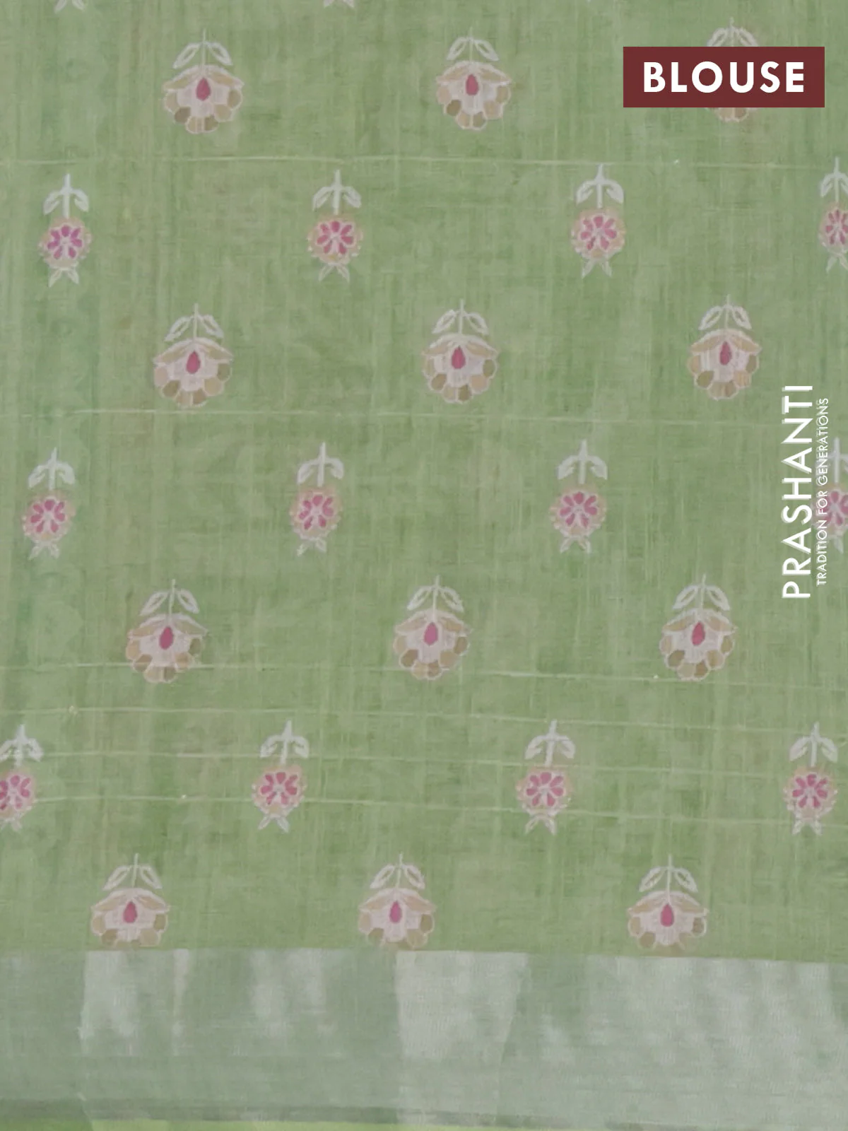 Linen cotton saree cream and green with allover floral prints & sequin work and silver zari woven border - Image 4