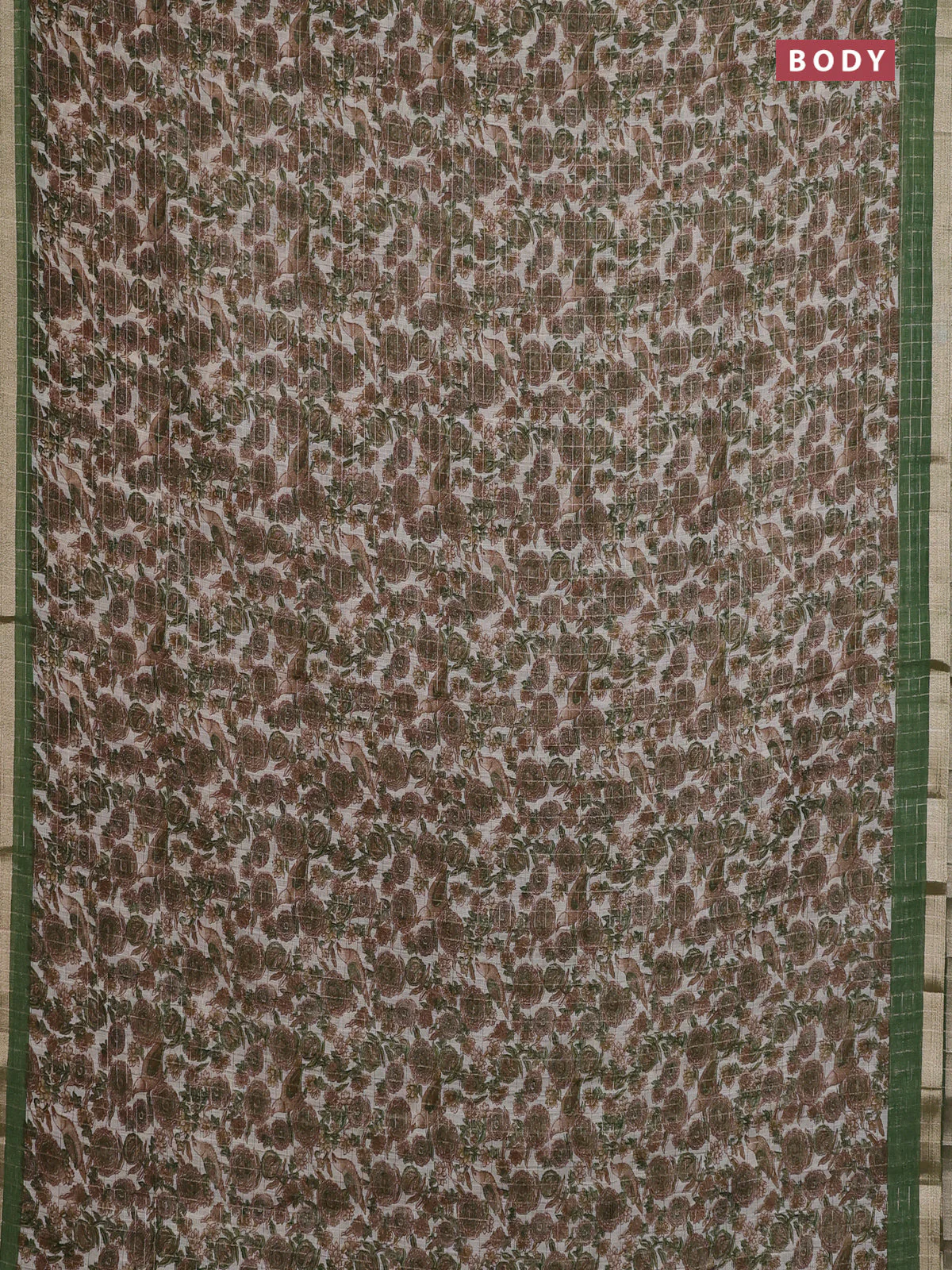 Linen cotton saree cream and green with allover prints & zari checks and zari woven border - Image 2