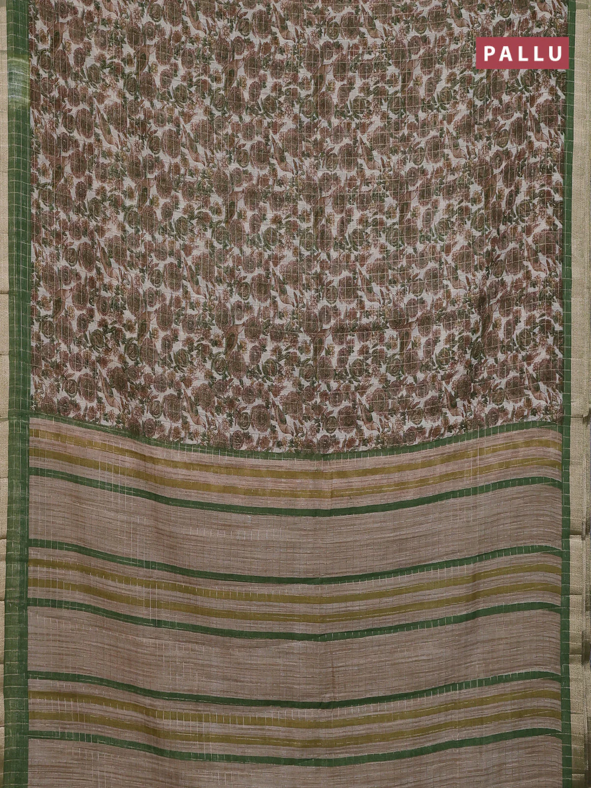 Linen cotton saree cream and green with allover prints & zari checks and zari woven border - Image 3