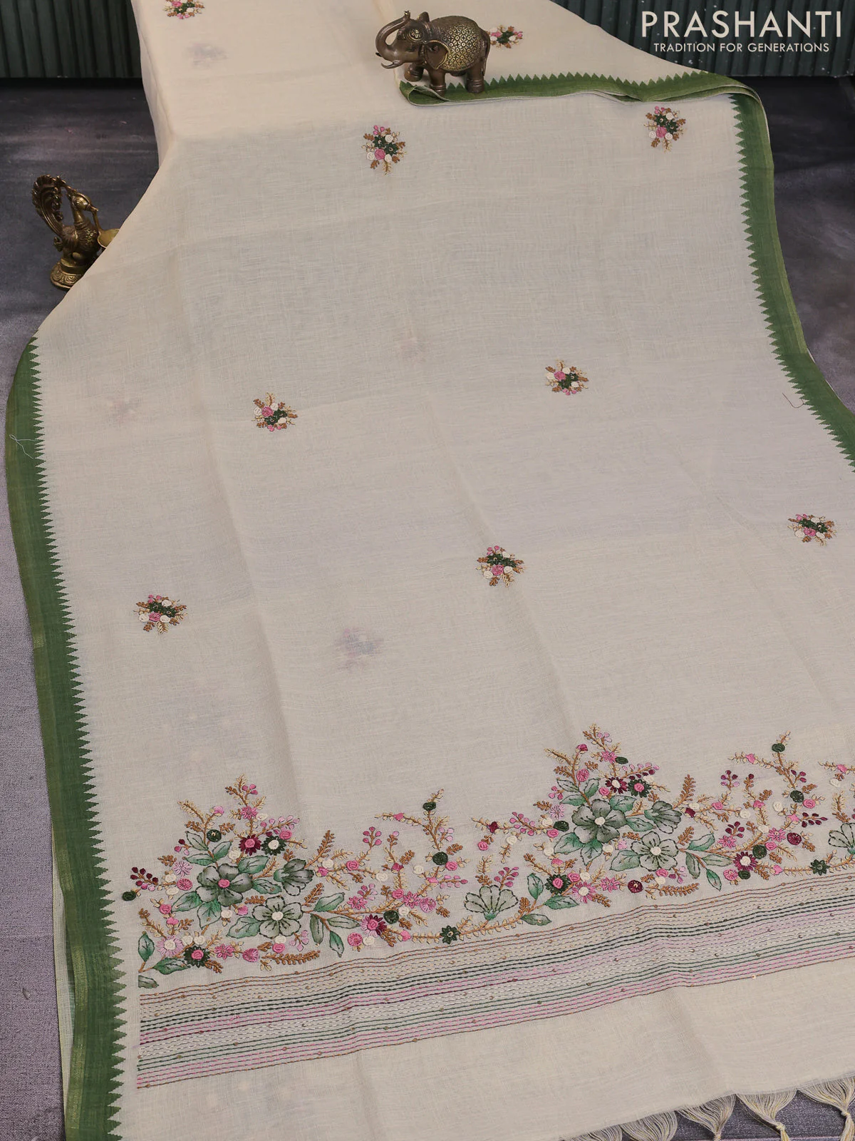 Linen cotton saree cream and green with kantha stitch work and zari woven border - Image 2