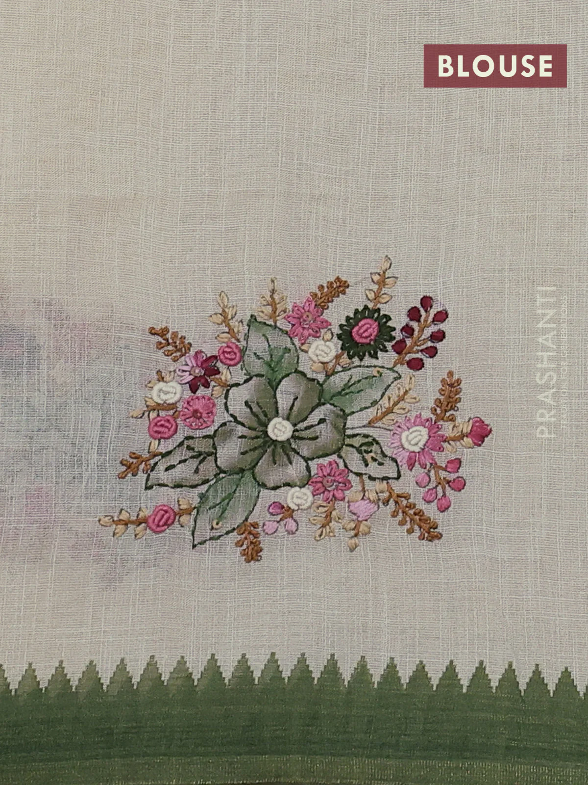 Linen cotton saree cream and green with kantha stitch work and zari woven border - Image 3