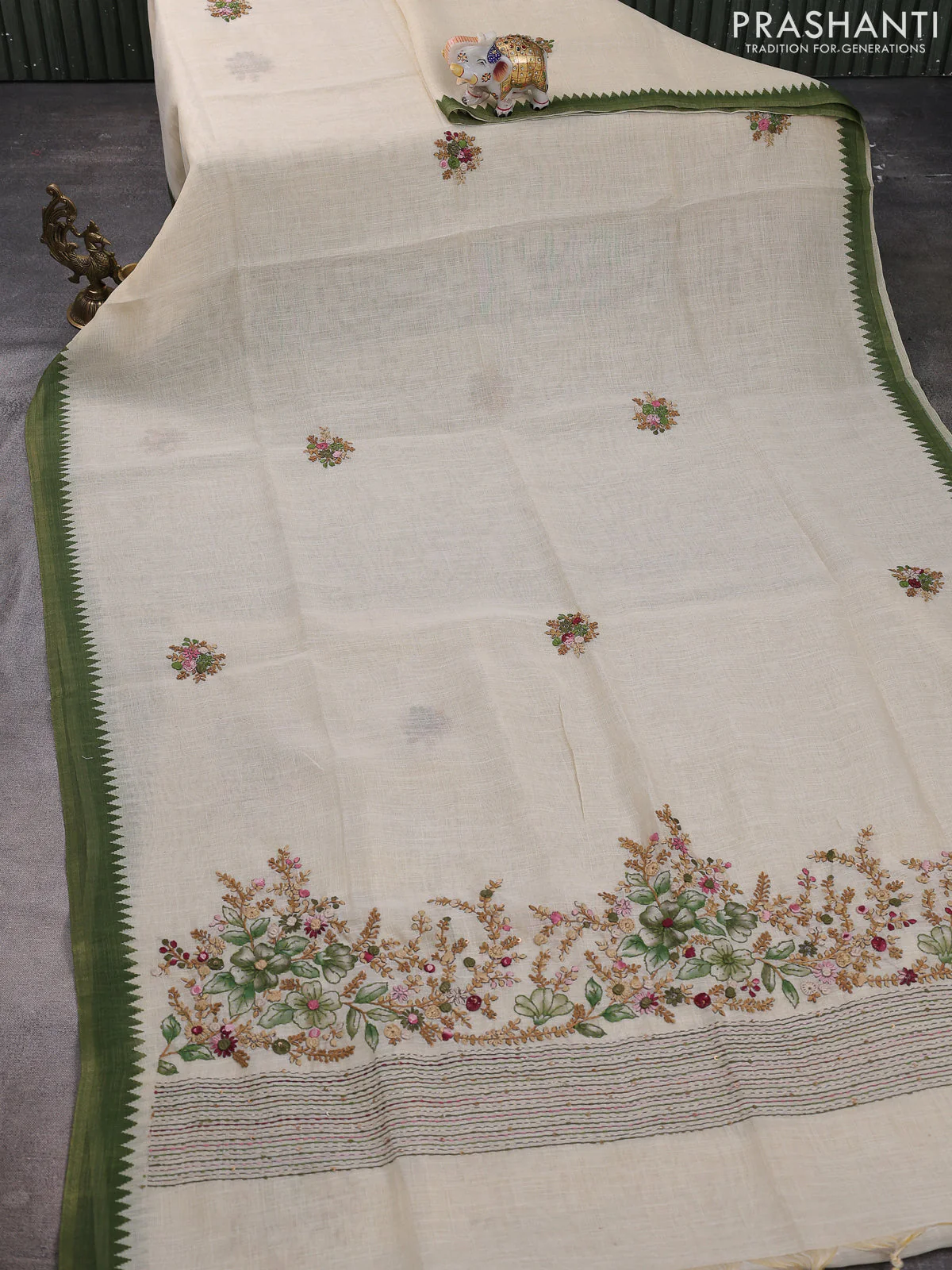 Linen cotton saree cream and green with kantha stitch work and zari woven border - Image 2