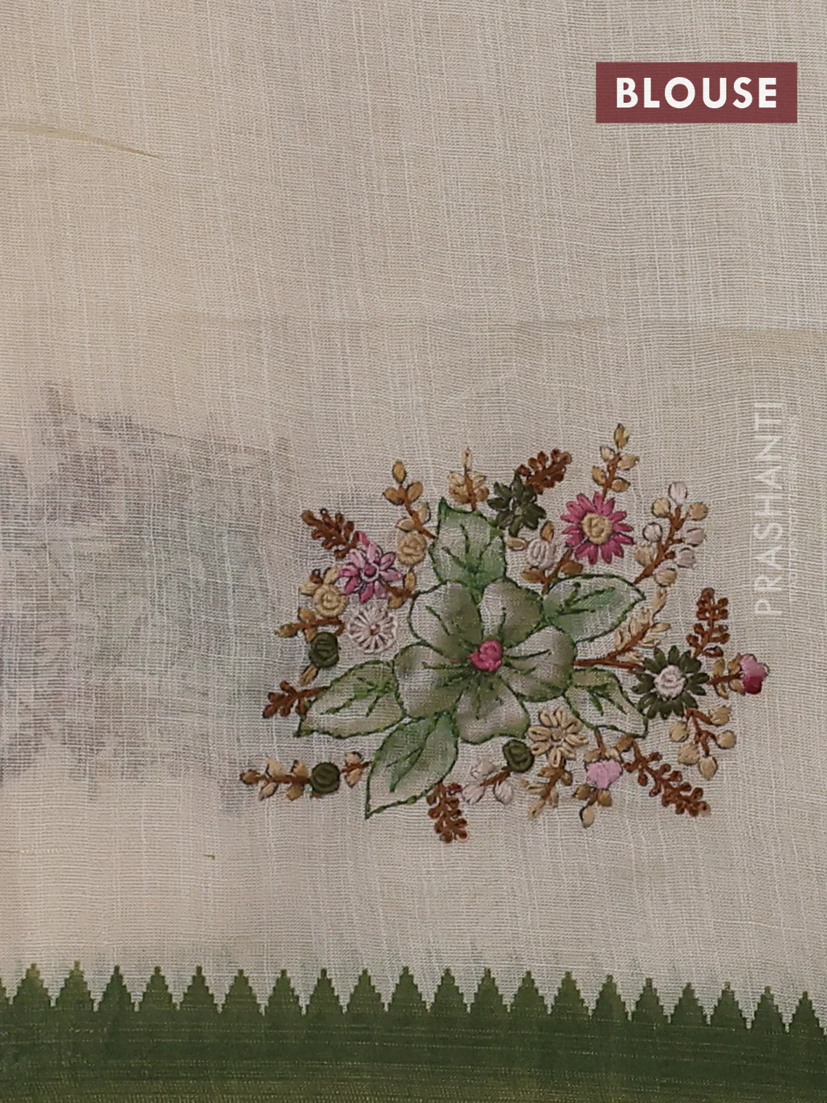 Linen cotton saree cream and green with kantha stitch work and zari woven border - Image 3