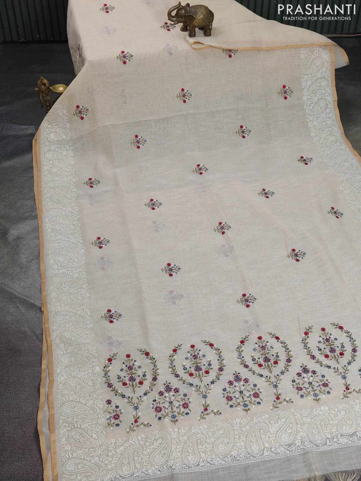Linen cotton saree cream and grey maroon with kantha stitch work and embroidered border - Image 2