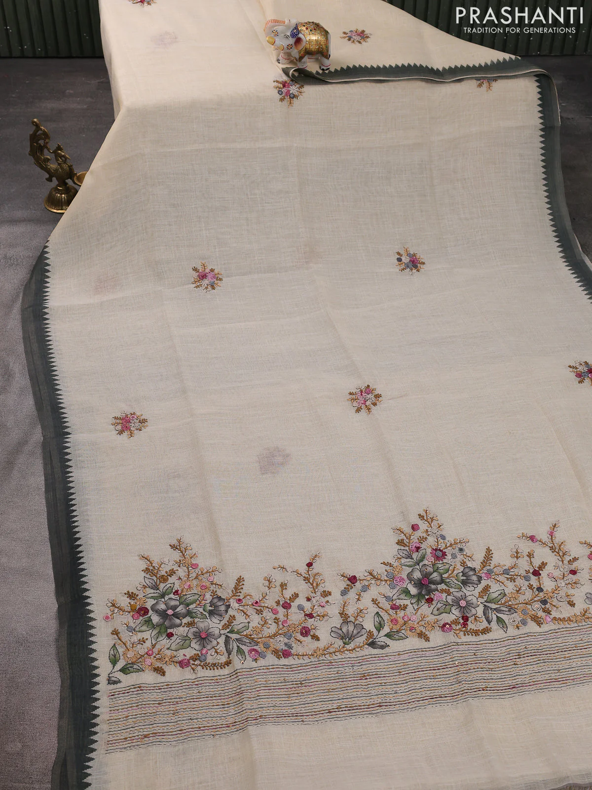 Linen cotton saree cream and grey with kantha stitch work and zari woven border - Image 2