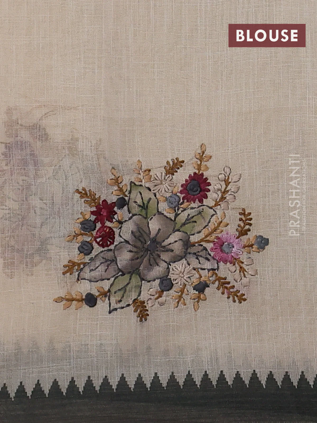 Linen cotton saree cream and grey with kantha stitch work and zari woven border - Image 3
