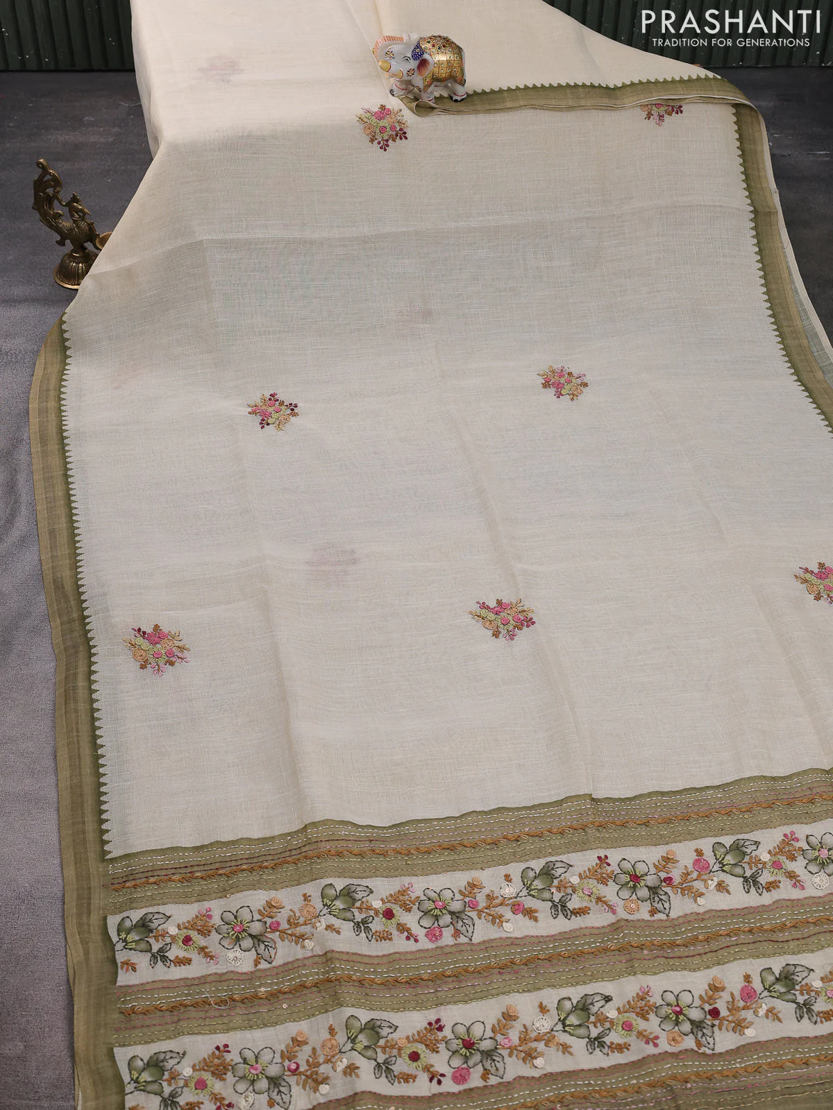 Linen cotton saree cream and light green with kantha stitch work and zari woven border - Image 2
