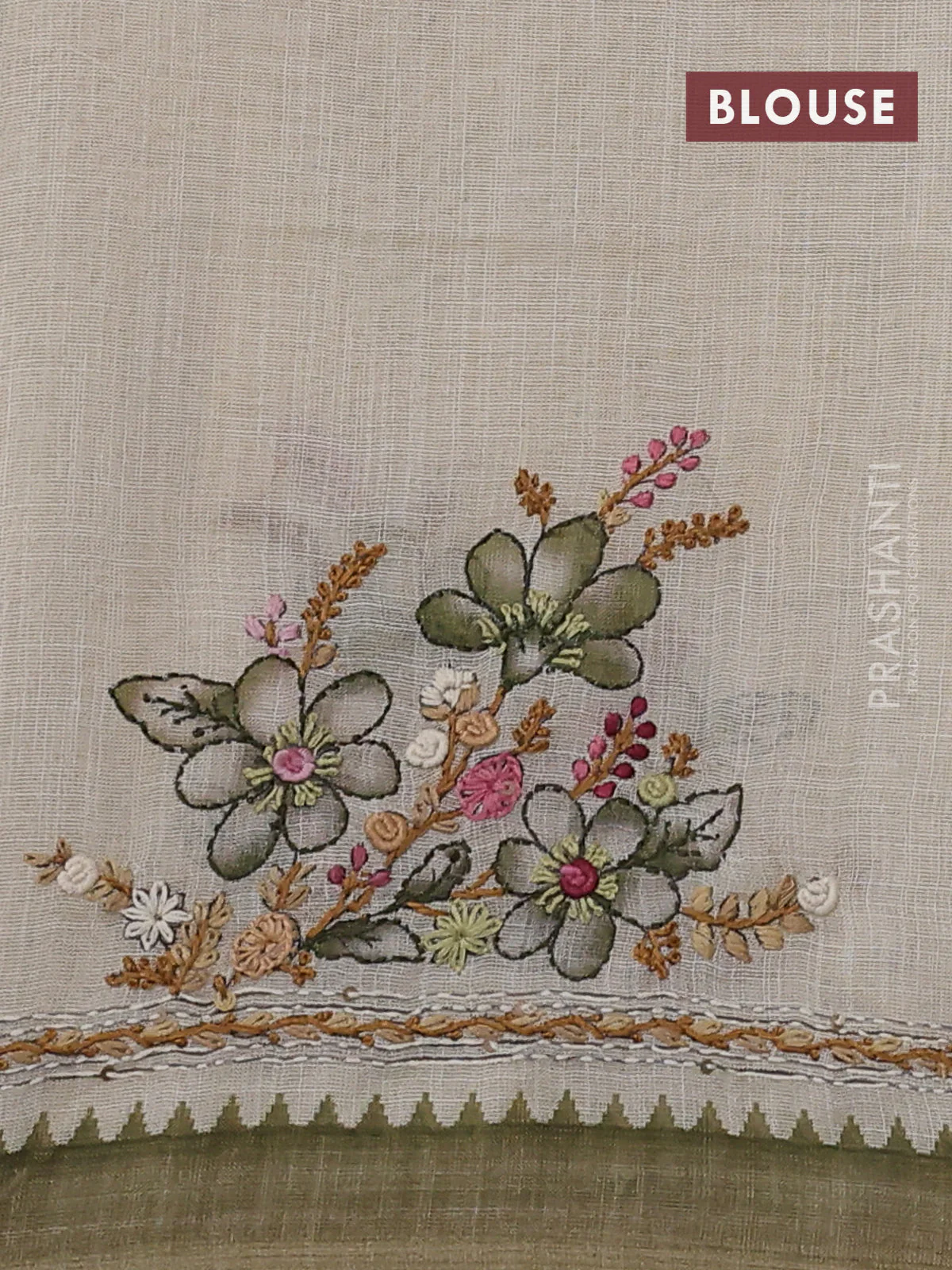 Linen cotton saree cream and light green with kantha stitch work and zari woven border - Image 3