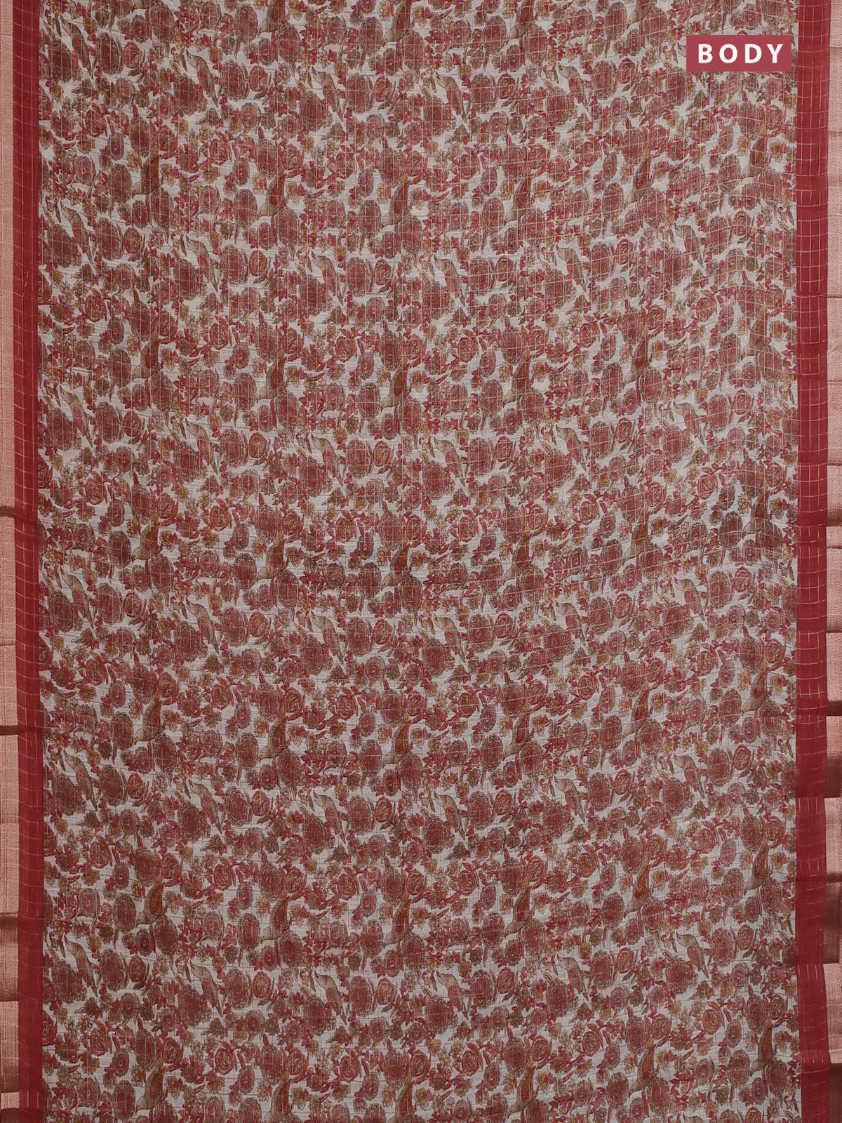Linen cotton saree cream and maroon with allover prints & zari checks and zari woven border - Image 2