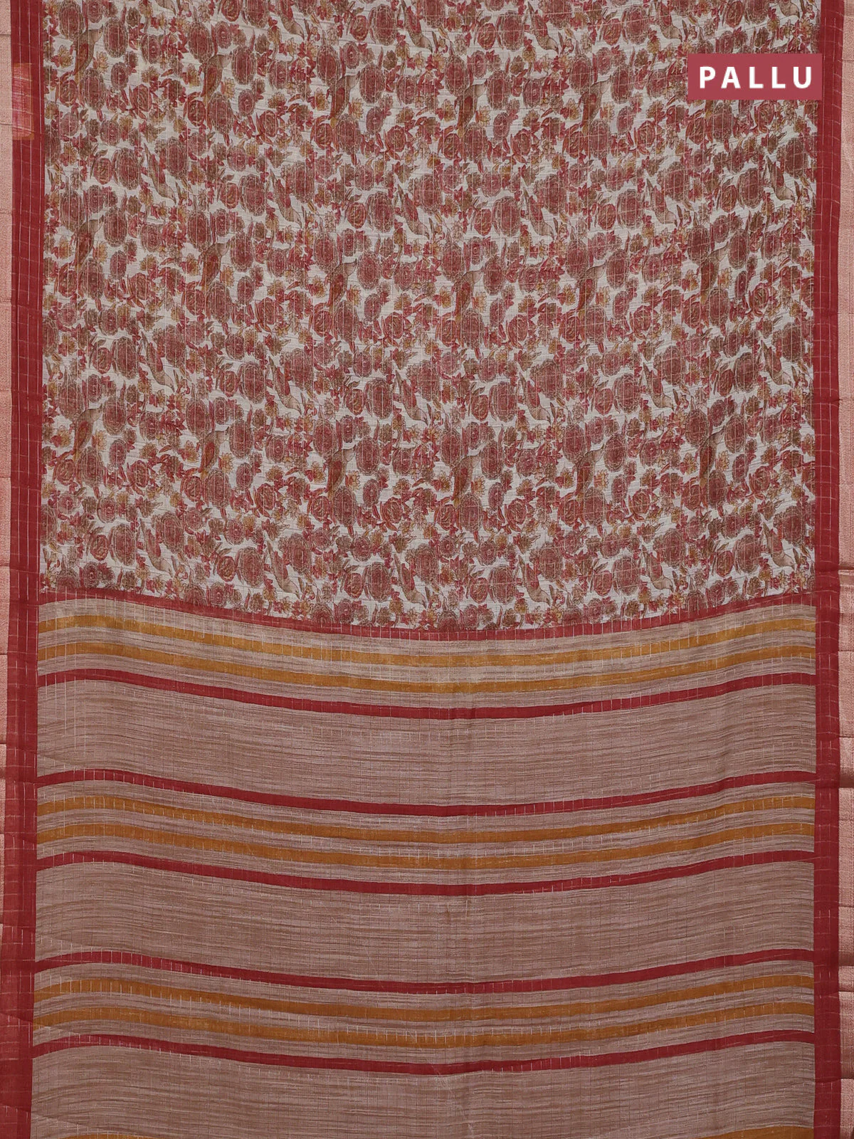 Linen cotton saree cream and maroon with allover prints & zari checks and zari woven border - Image 3