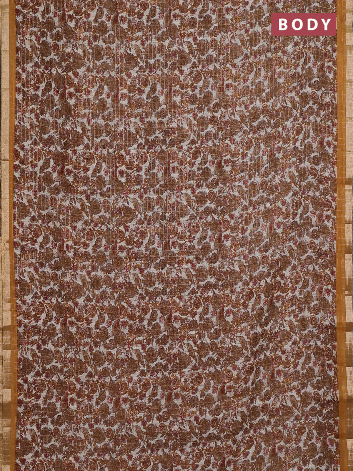 Linen cotton saree cream and mustard yellow with allover prints & zari checks and zari woven border - Image 2
