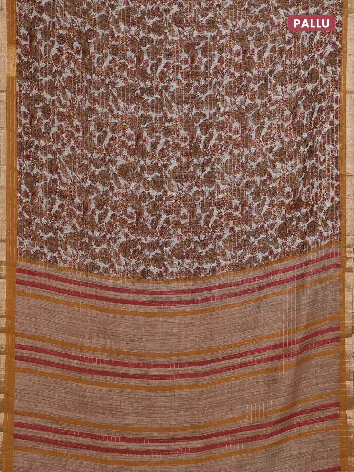 Linen cotton saree cream and mustard yellow with allover prints & zari checks and zari woven border - Image 3