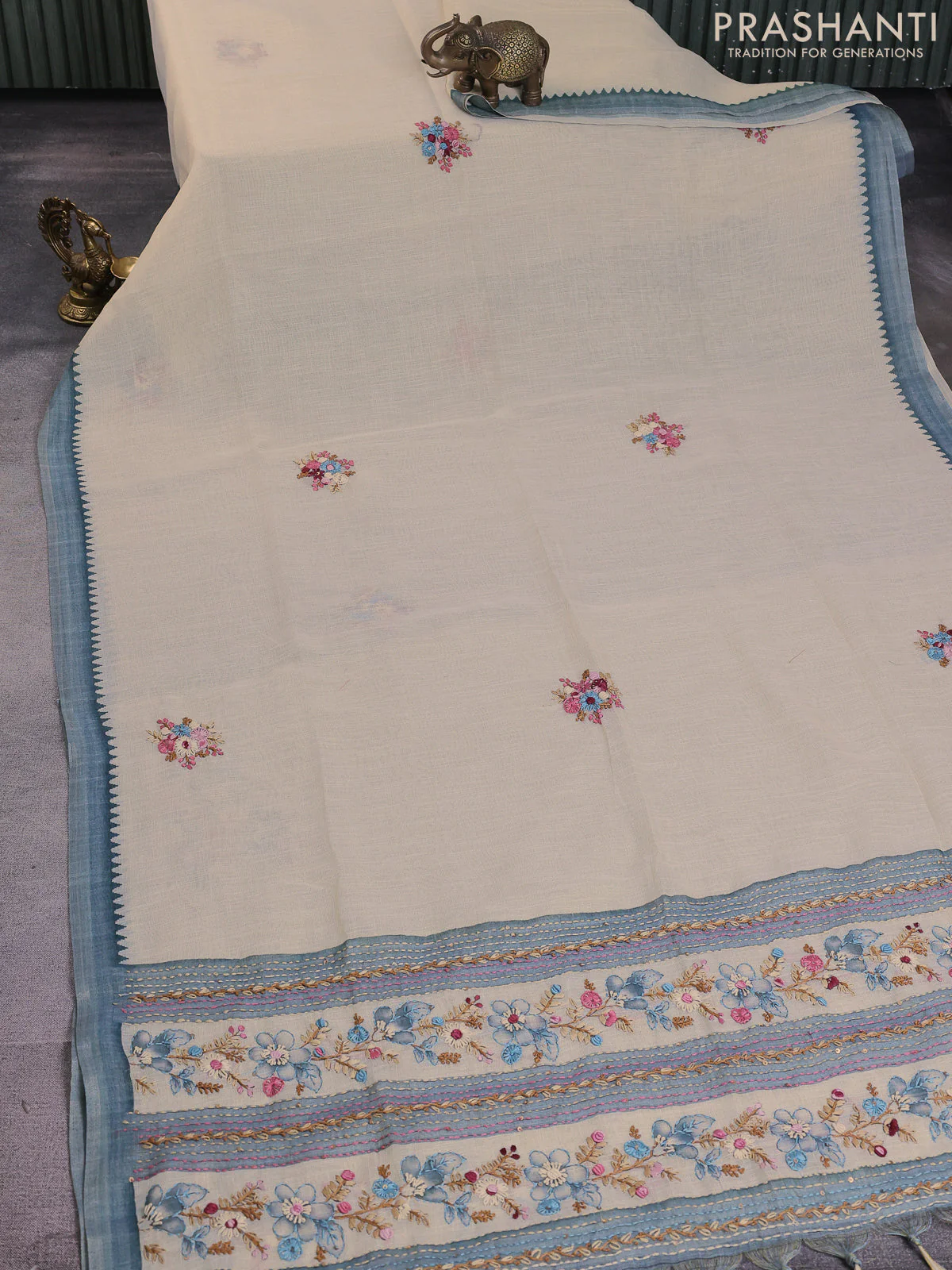 Linen cotton saree cream and pastel blue with kantha stitch work and zari woven border - Image 2