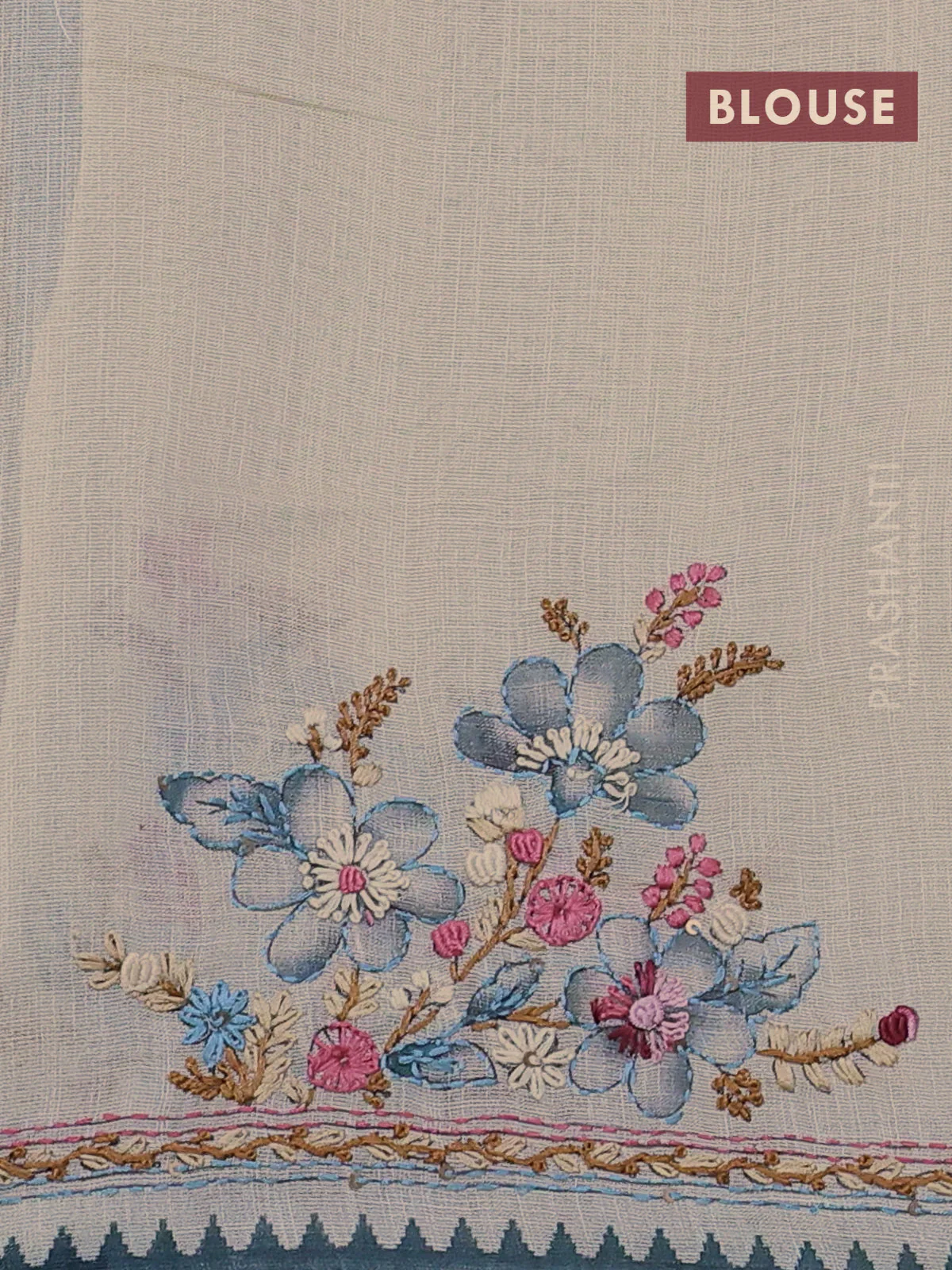 Linen cotton saree cream and pastel blue with kantha stitch work and zari woven border - Image 3