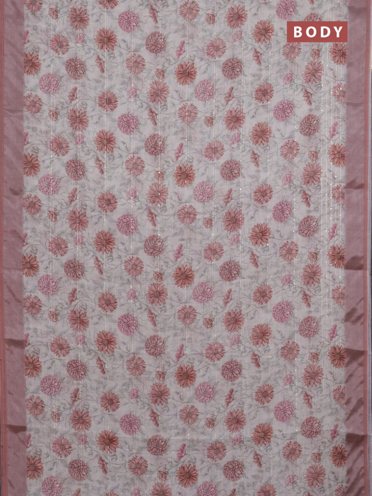 Linen cotton saree cream and pastel brown with allover floral prints & sequin work and silver zari woven border - Image 2