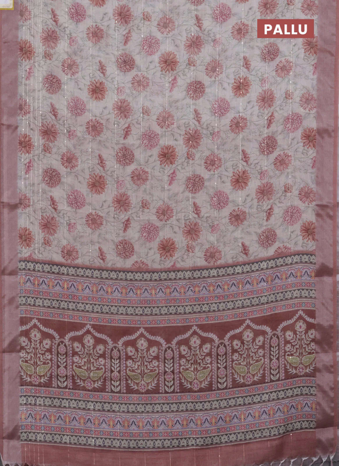 Linen cotton saree cream and pastel brown with allover floral prints & sequin work and silver zari woven border - Image 3