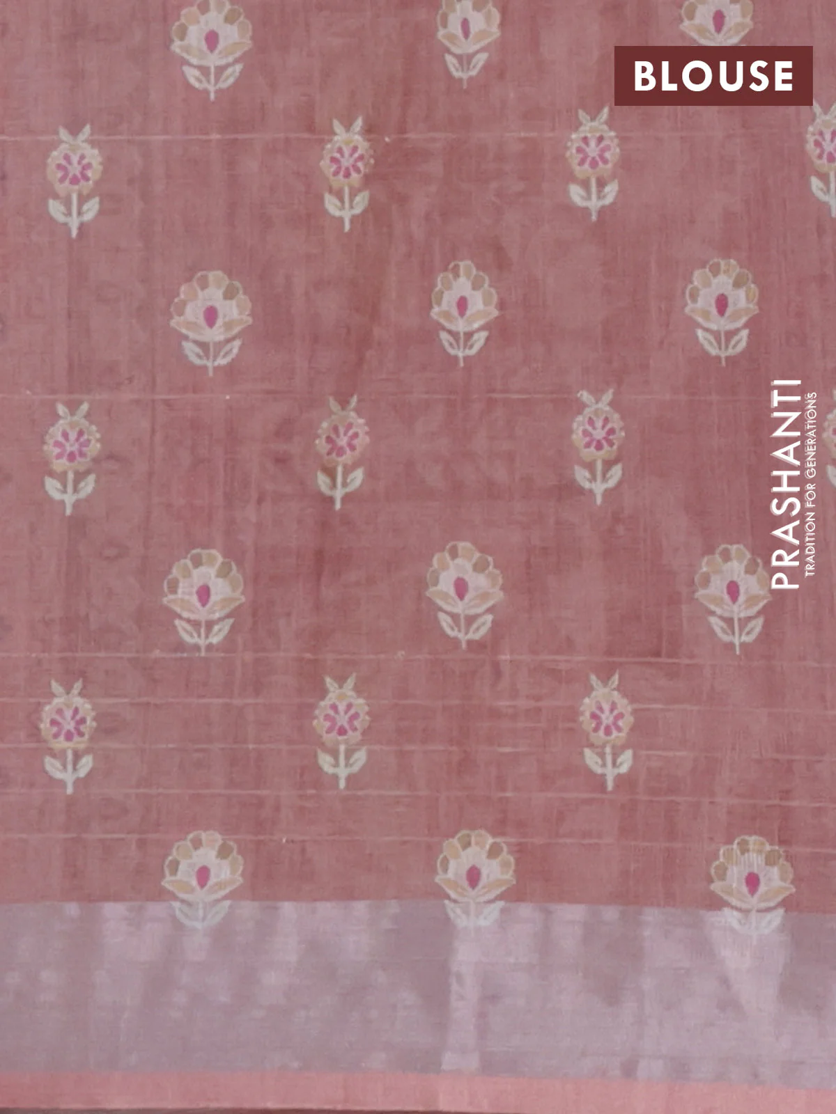 Linen cotton saree cream and pastel brown with allover floral prints & sequin work and silver zari woven border - Image 4