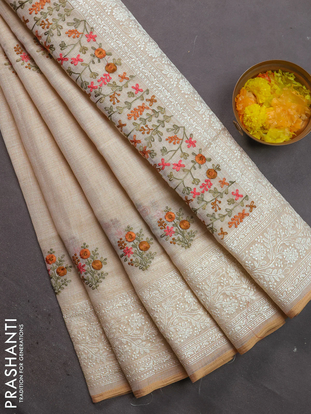 Linen cotton saree cream and pastel green with kantha stitch work and embroidered border