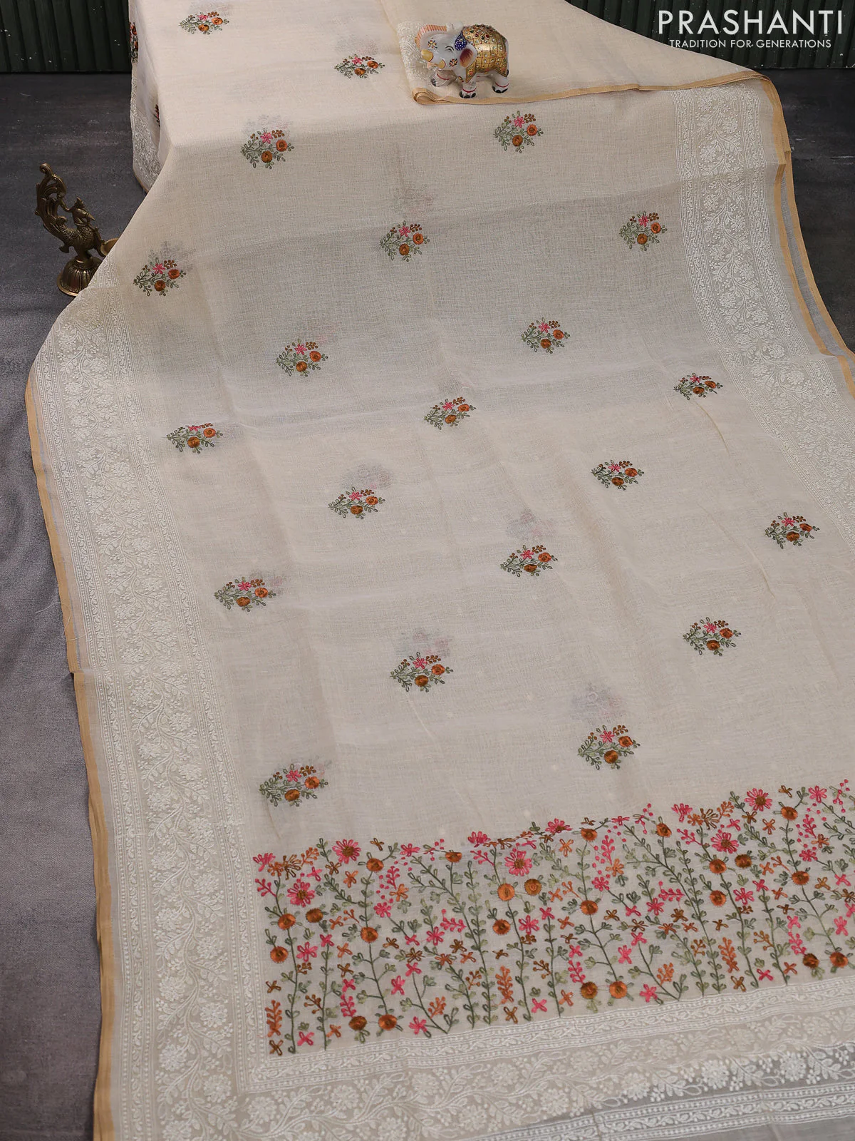 Linen cotton saree cream and pastel green with kantha stitch work and embroidered border - Image 2