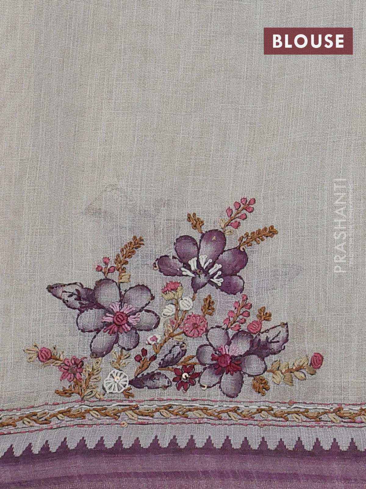 Linen cotton saree cream and pastel purple with kantha stitch work and zari woven border - Image 3