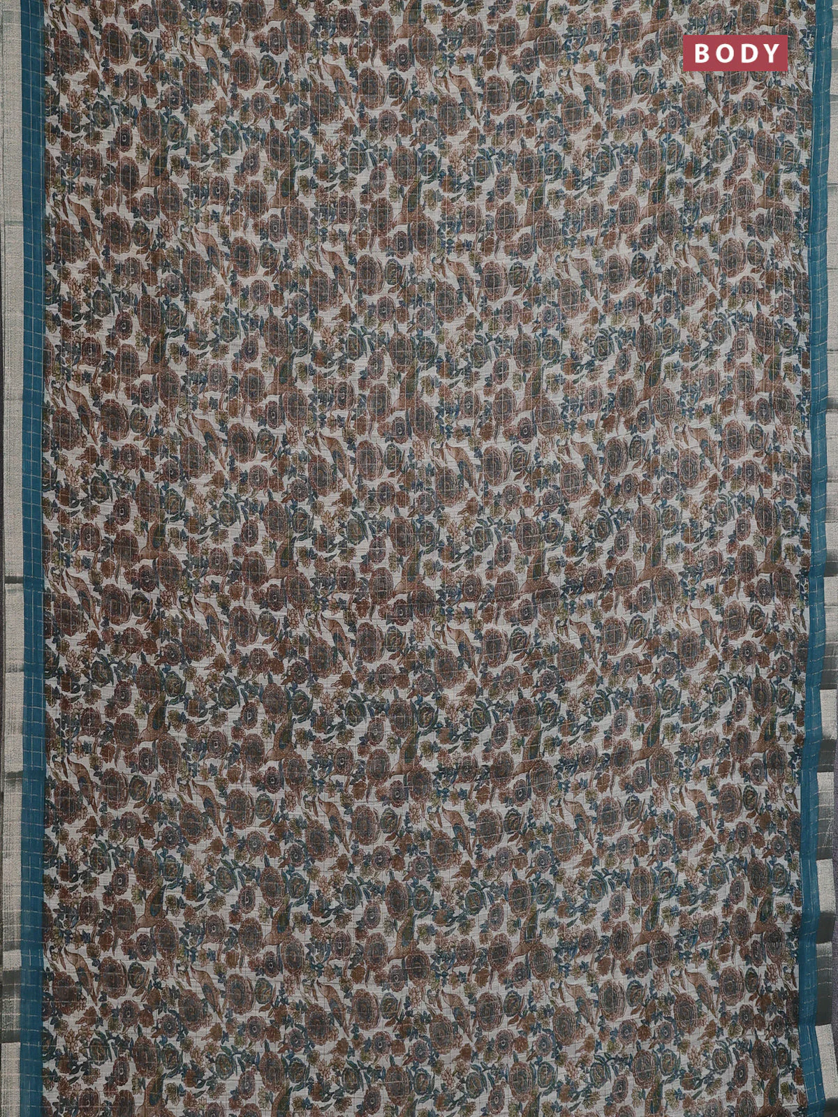 Linen cotton saree cream and peacock blue with allover prints & zari checks and zari woven border - Image 2