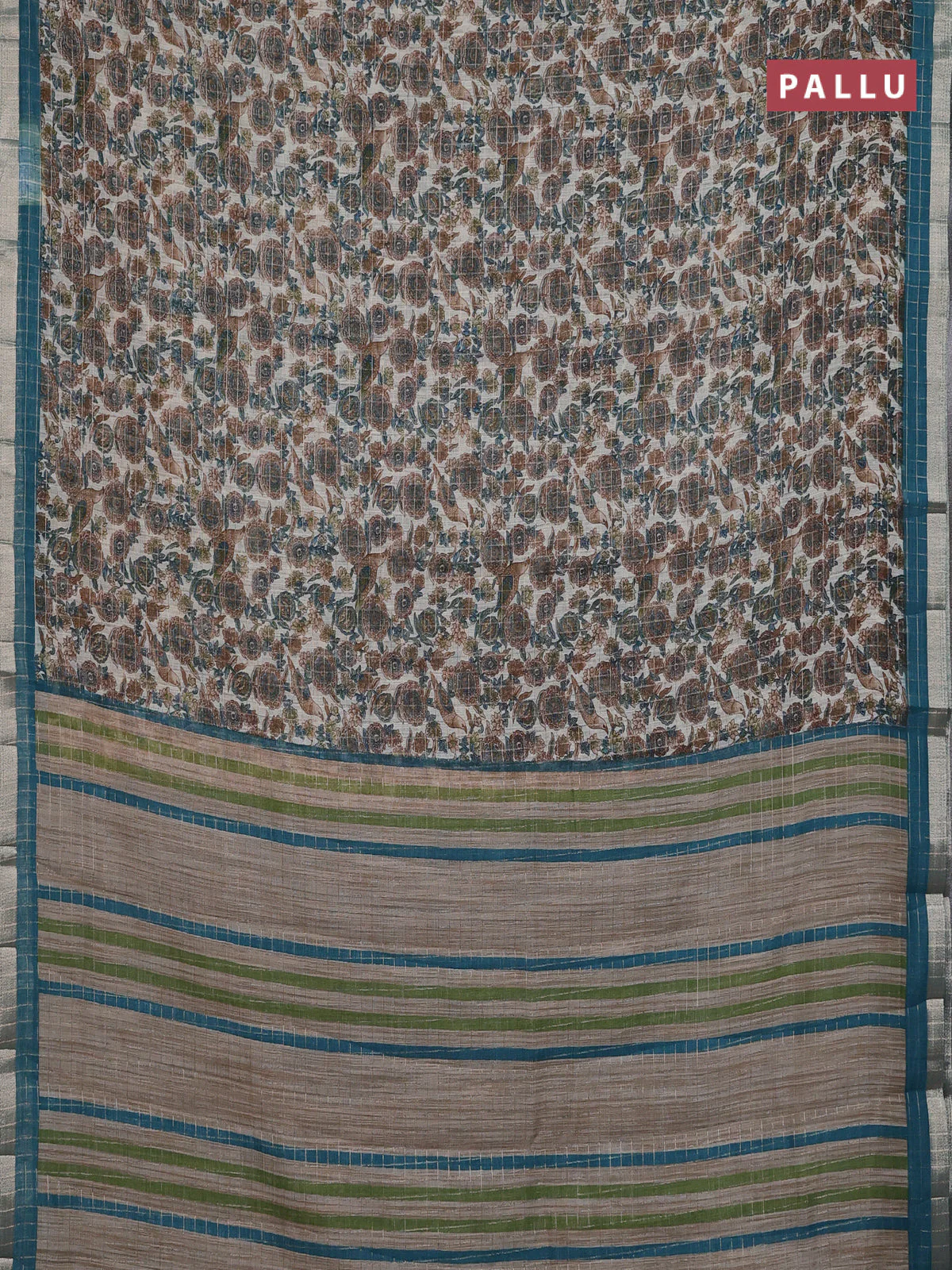 Linen cotton saree cream and peacock blue with allover prints & zari checks and zari woven border - Image 3