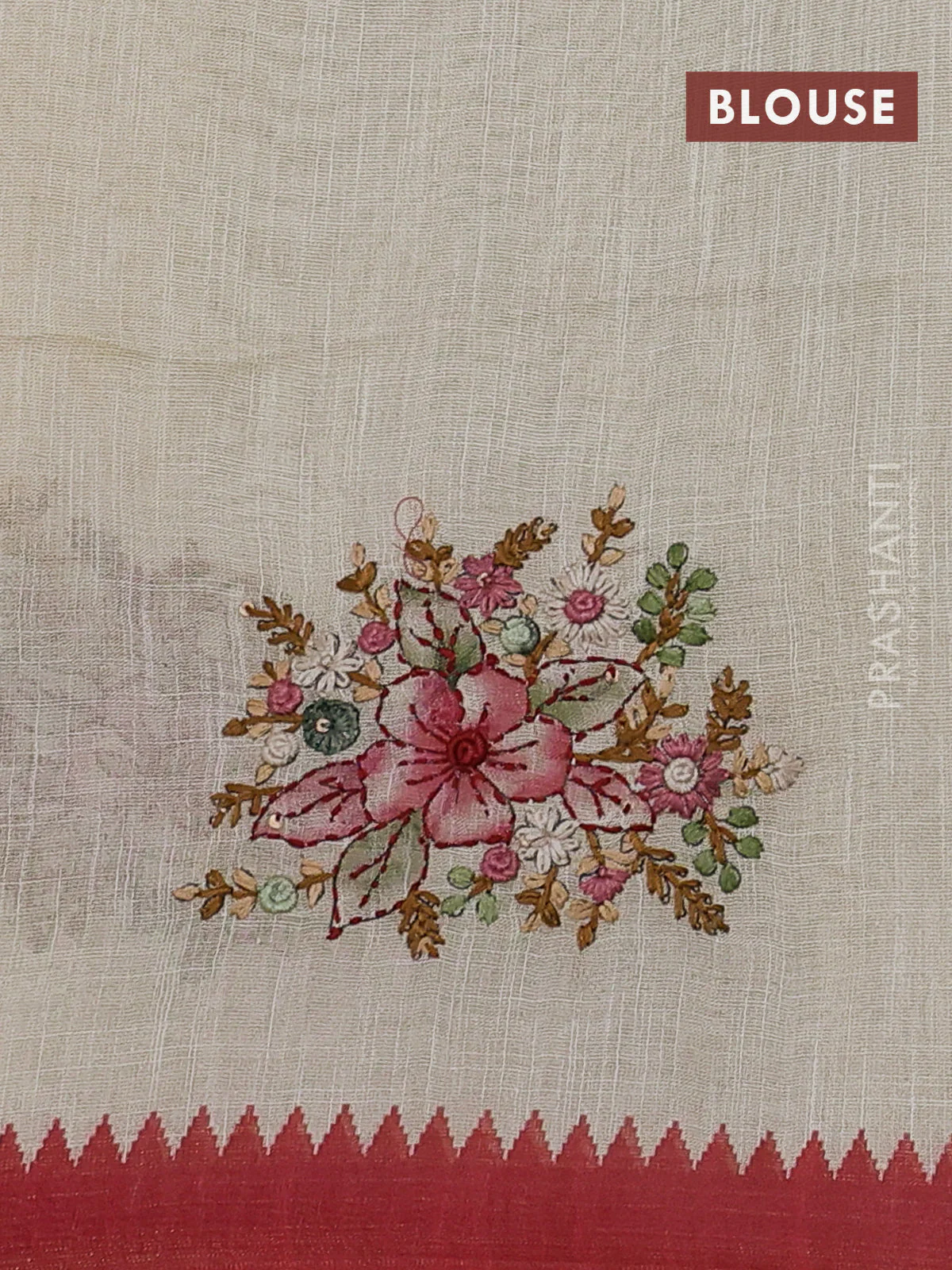 Linen cotton saree cream and pink shade with kantha stitch work and zari woven border - Image 3