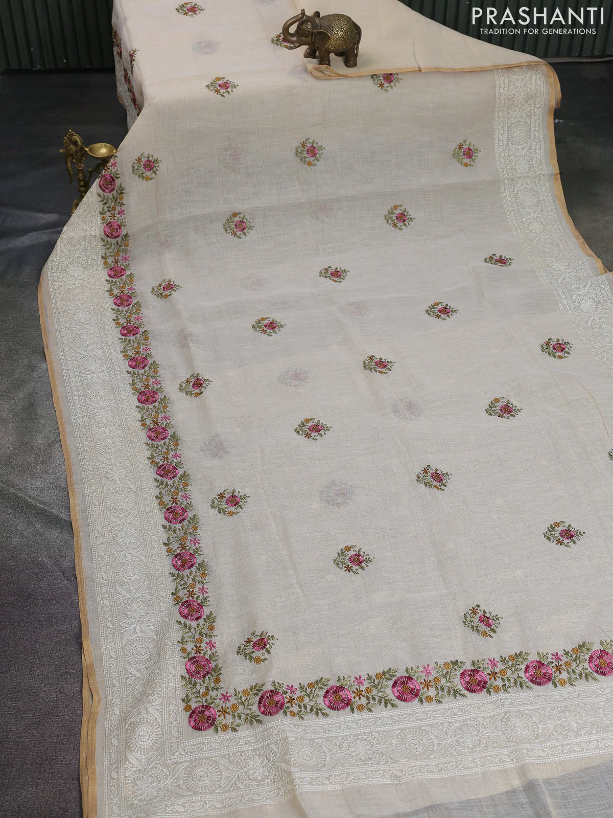 Linen cotton saree cream and pink with kantha stitch work and embroidered border - Image 2