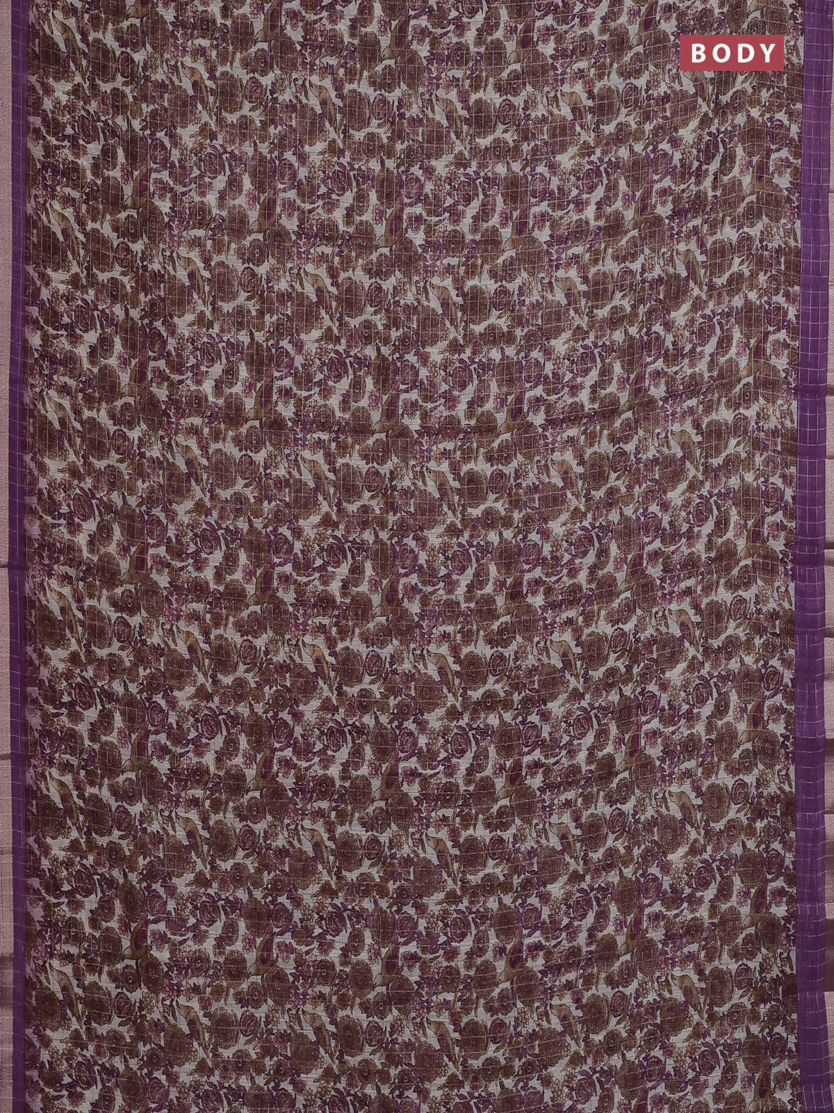 Linen cotton saree cream and purple with allover prints & zari checks and zari woven border - Image 2