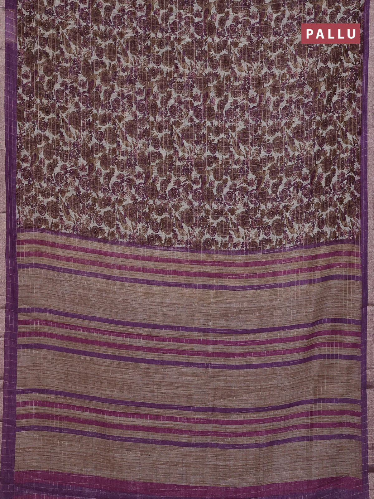 Linen cotton saree cream and purple with allover prints & zari checks and zari woven border - Image 3