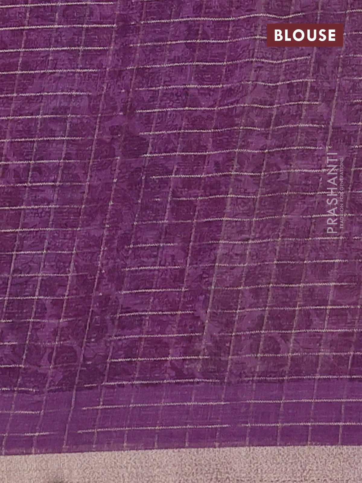 Linen cotton saree cream and purple with allover prints & zari checks and zari woven border - Image 4