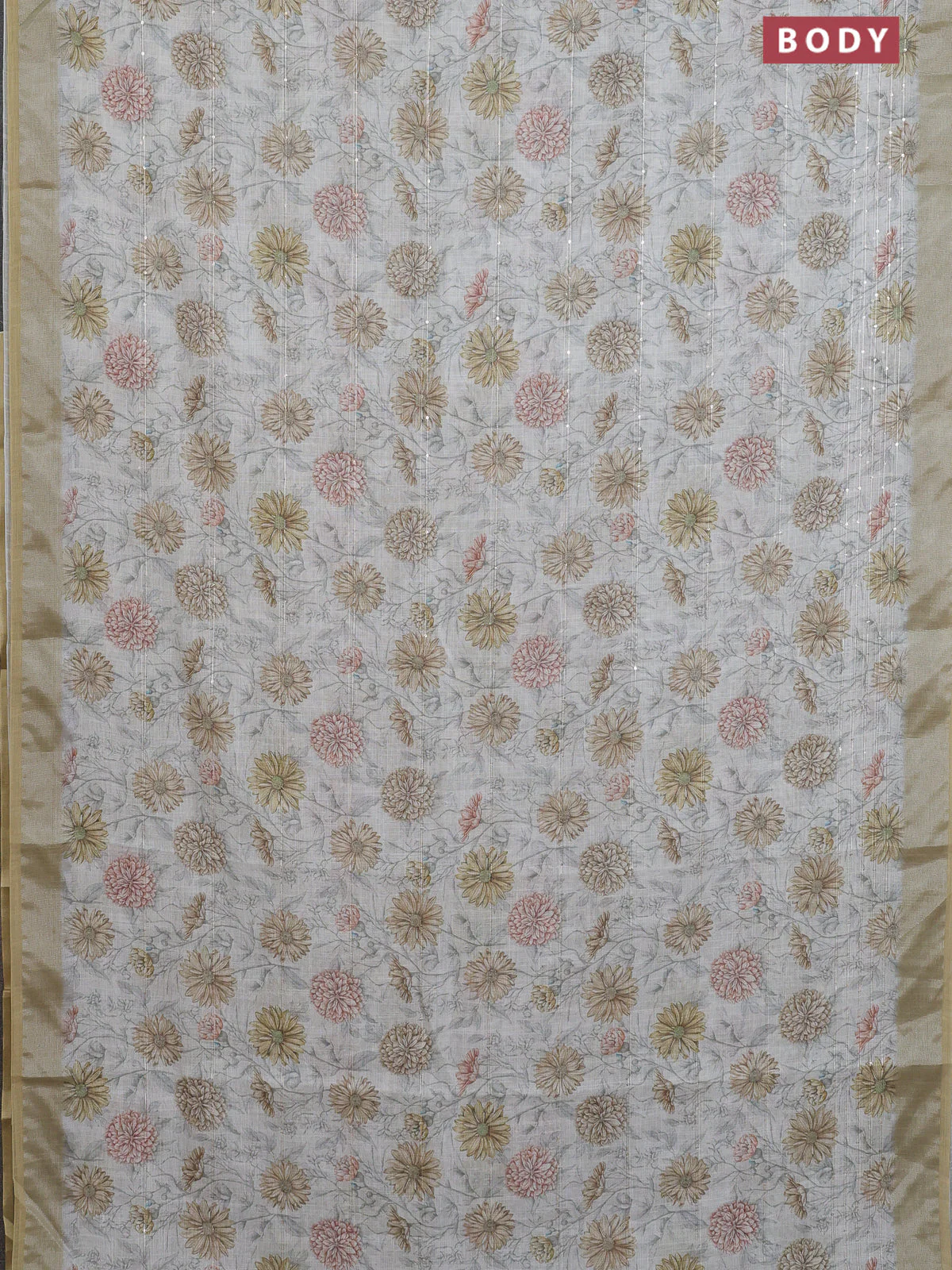 Linen cotton saree cream and sandal with allover floral prints & sequin work and silver zari woven border - Image 2