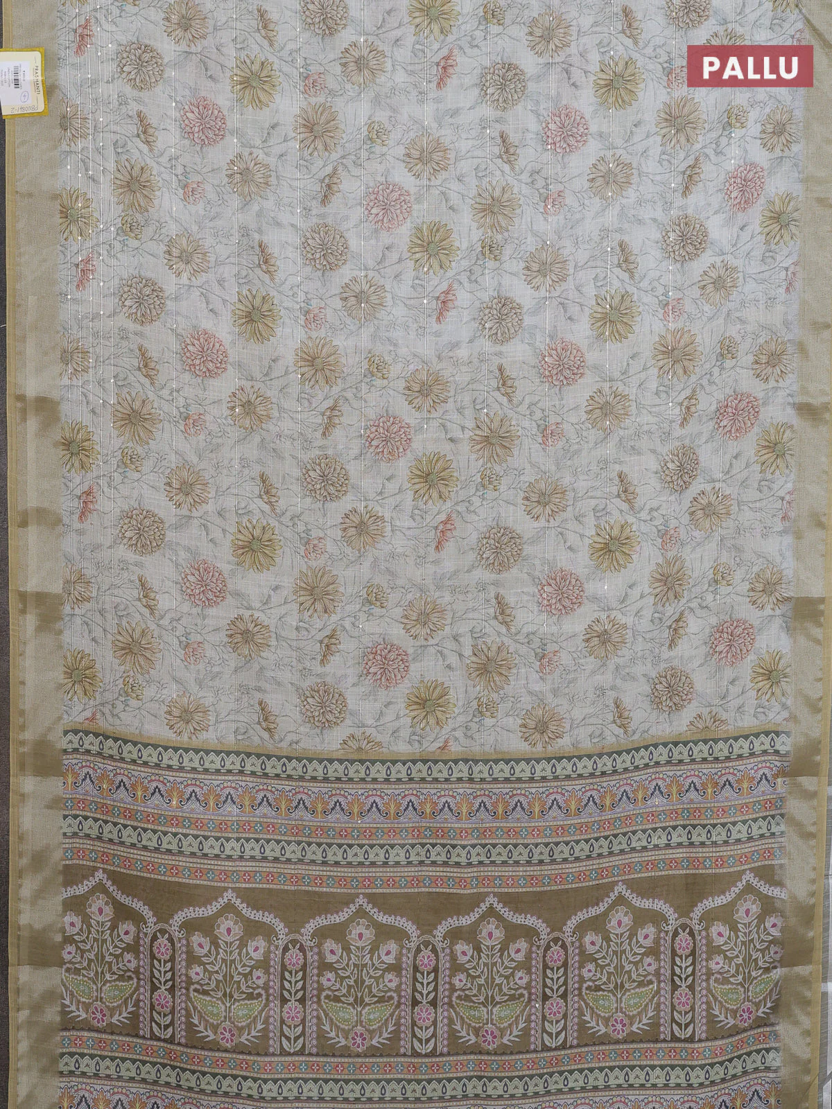 Linen cotton saree cream and sandal with allover floral prints & sequin work and silver zari woven border - Image 3