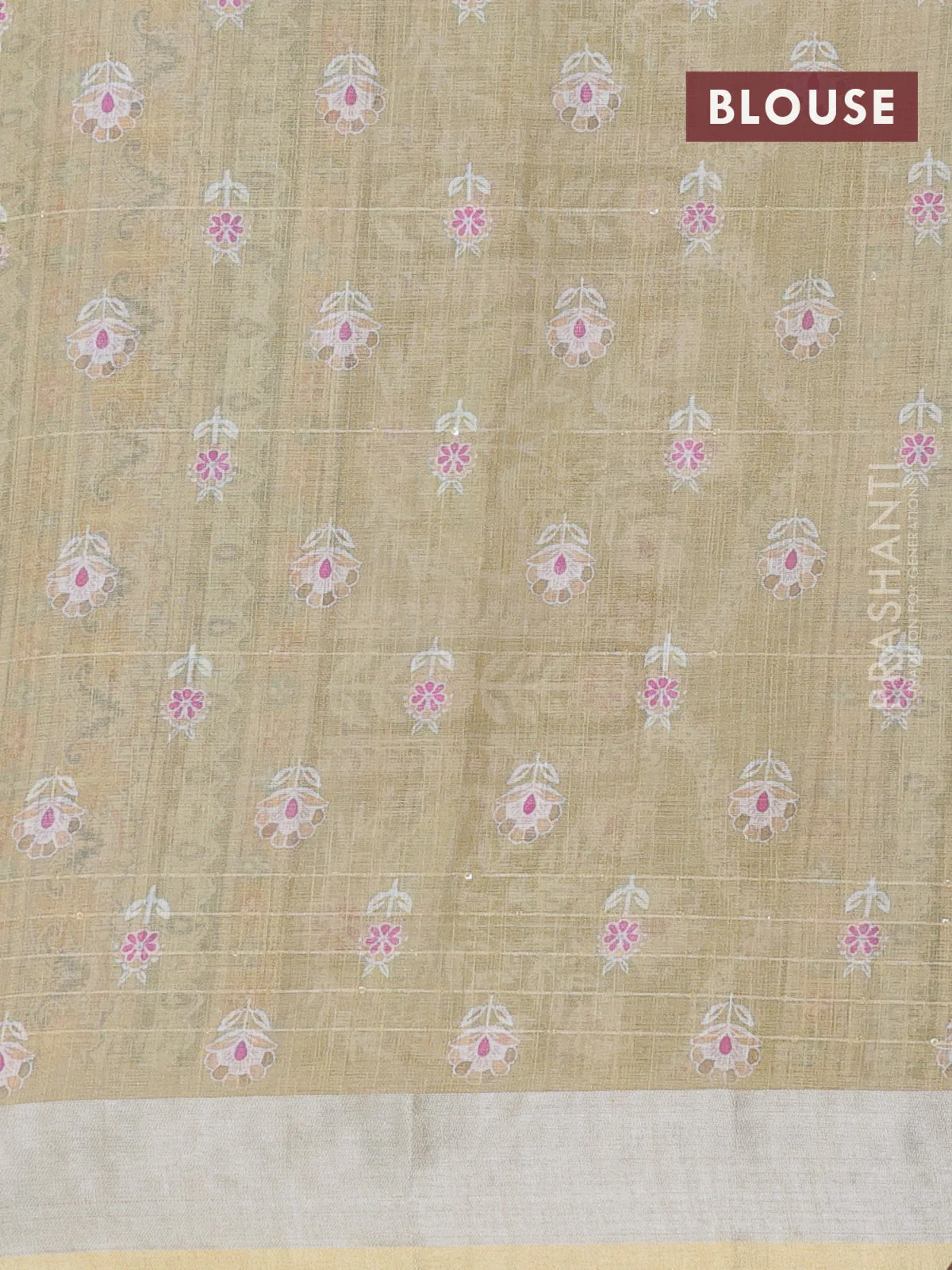 Linen cotton saree cream and sandal with allover floral prints & sequin work and silver zari woven border - Image 4