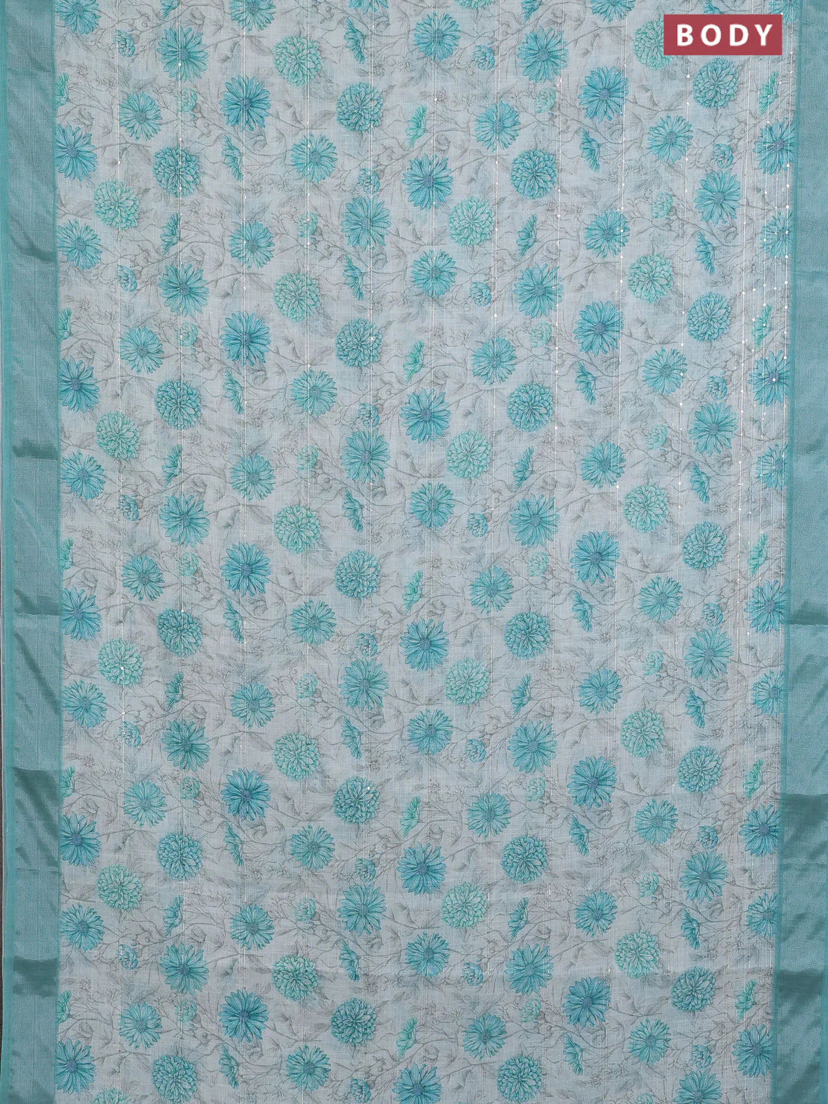 Linen cotton saree cream and teal green with allover floral prints & sequin work and silver zari woven border - Image 2
