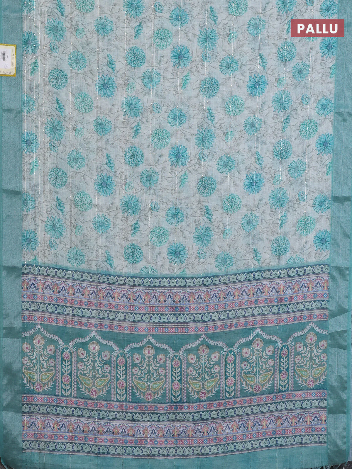 Linen cotton saree cream and teal green with allover floral prints & sequin work and silver zari woven border - Image 3