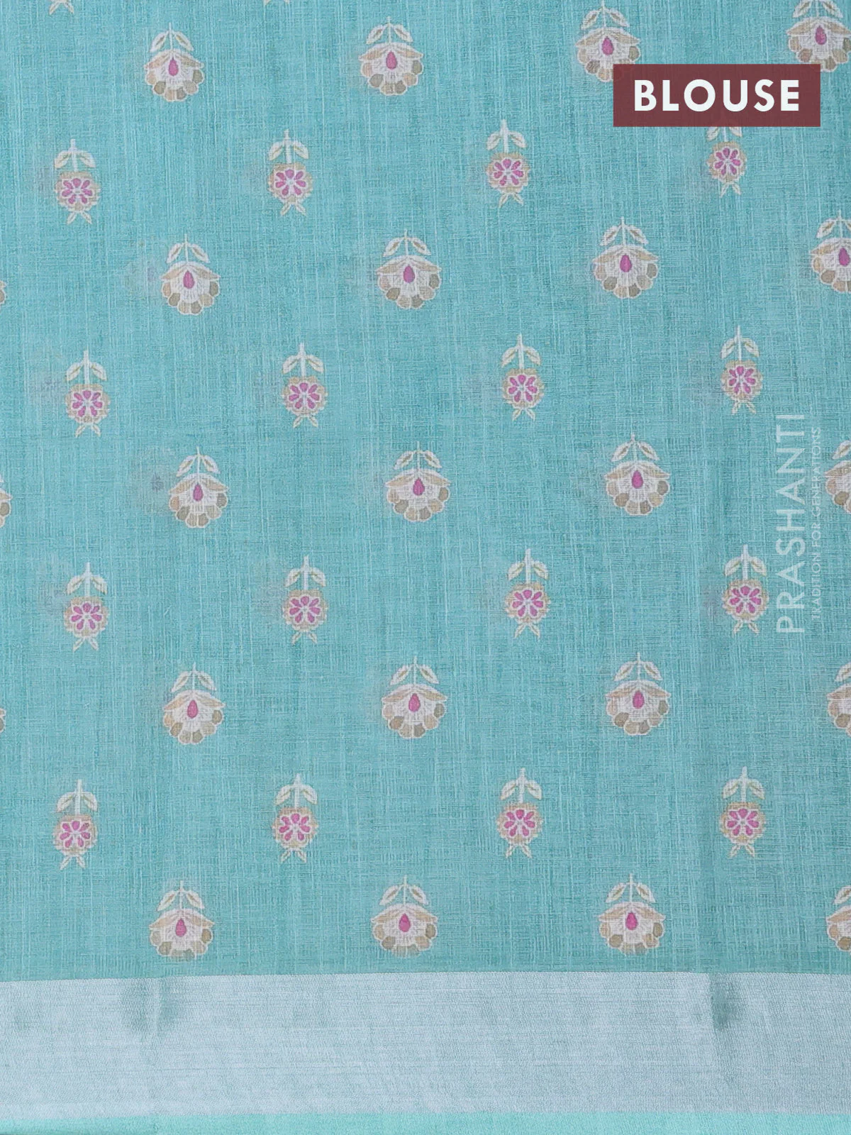Linen cotton saree cream and teal green with allover floral prints & sequin work and silver zari woven border - Image 4
