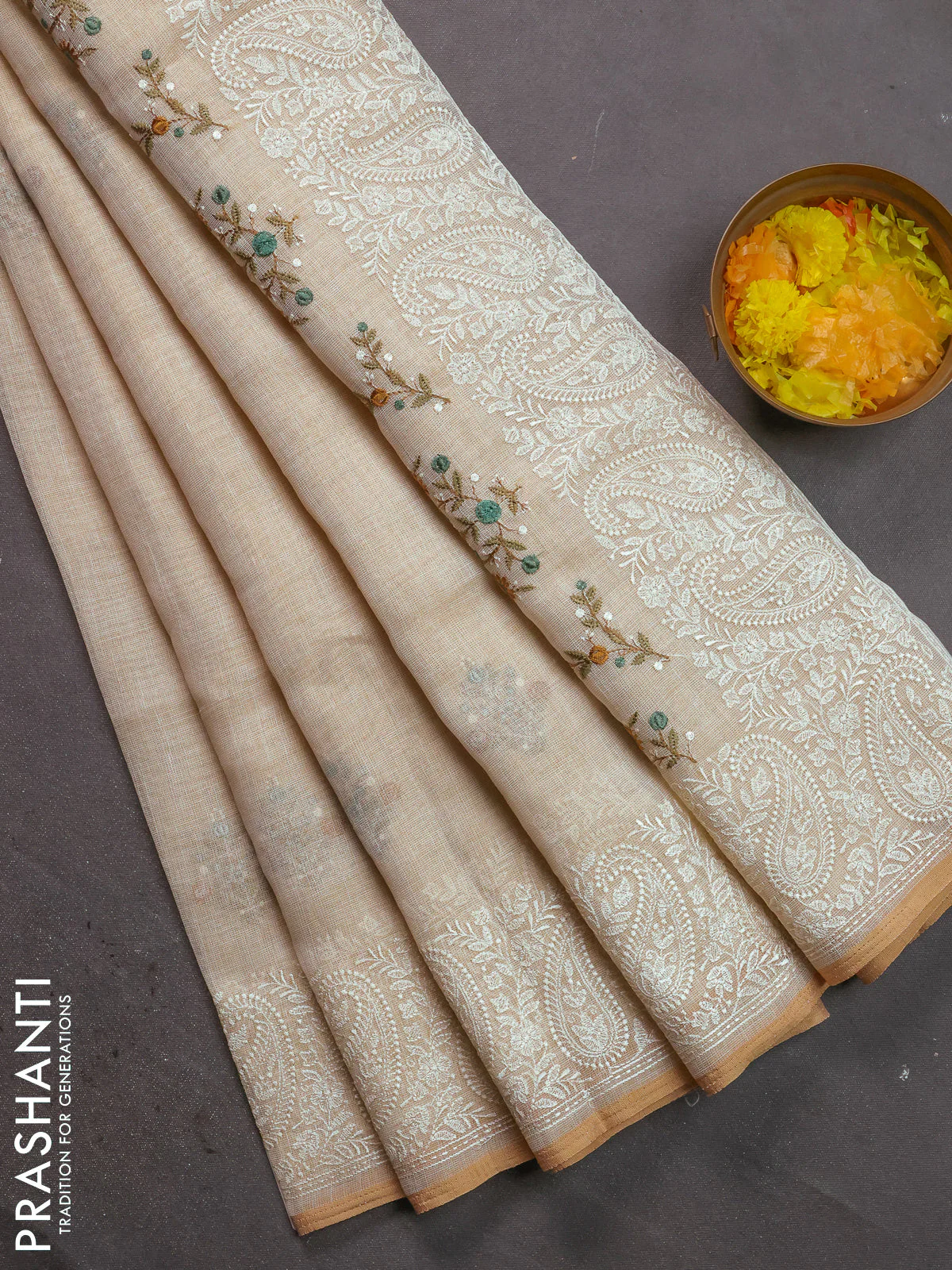 Linen cotton saree cream and teal green with kantha stitch work and embroidered border