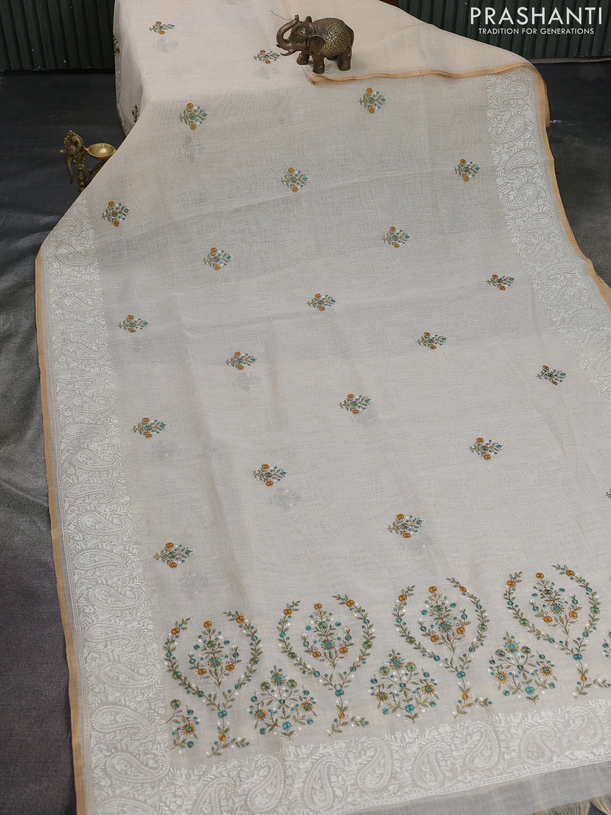Linen cotton saree cream and teal green with kantha stitch work and embroidered border - Image 2