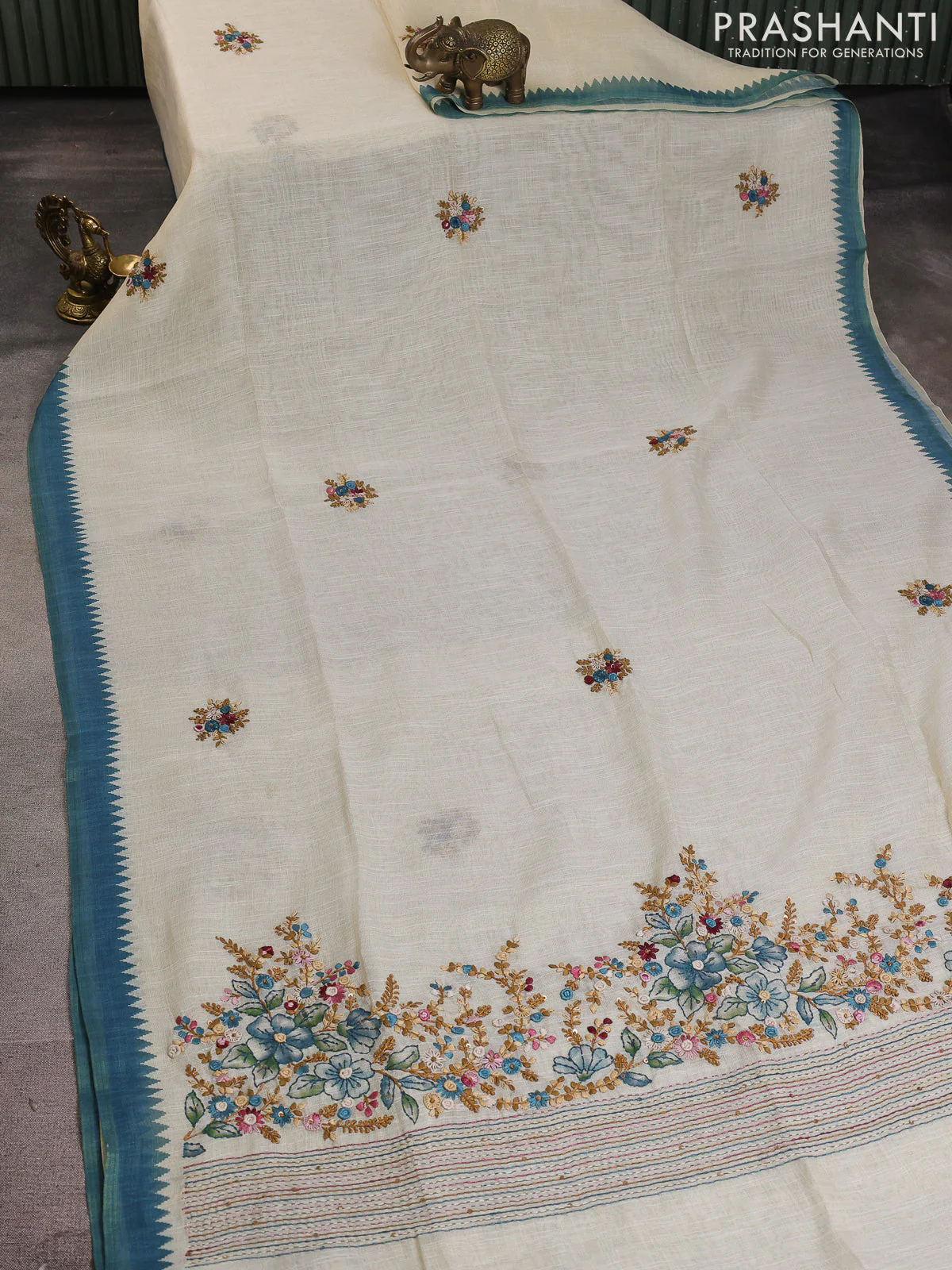Linen cotton saree cream and teal green with kantha stitch work and zari woven border - Image 2