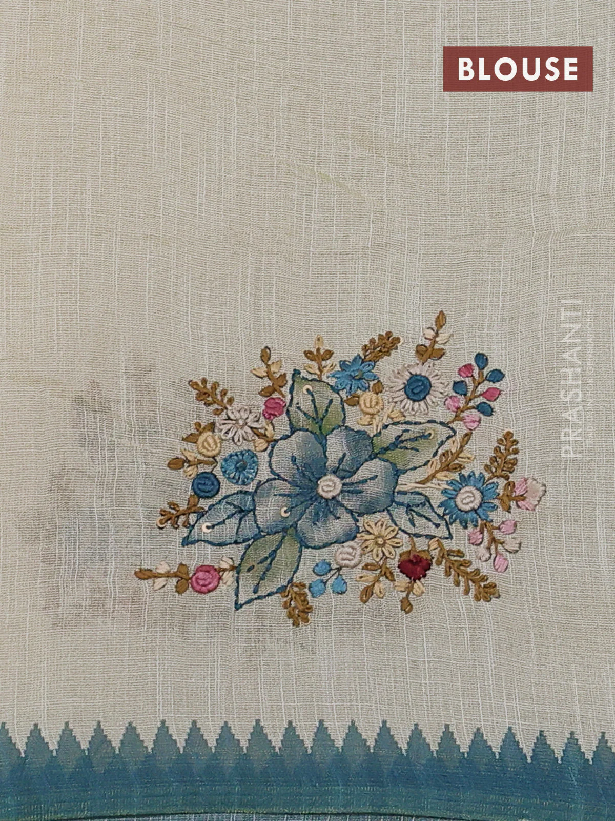 Linen cotton saree cream and teal green with kantha stitch work and zari woven border - Image 3