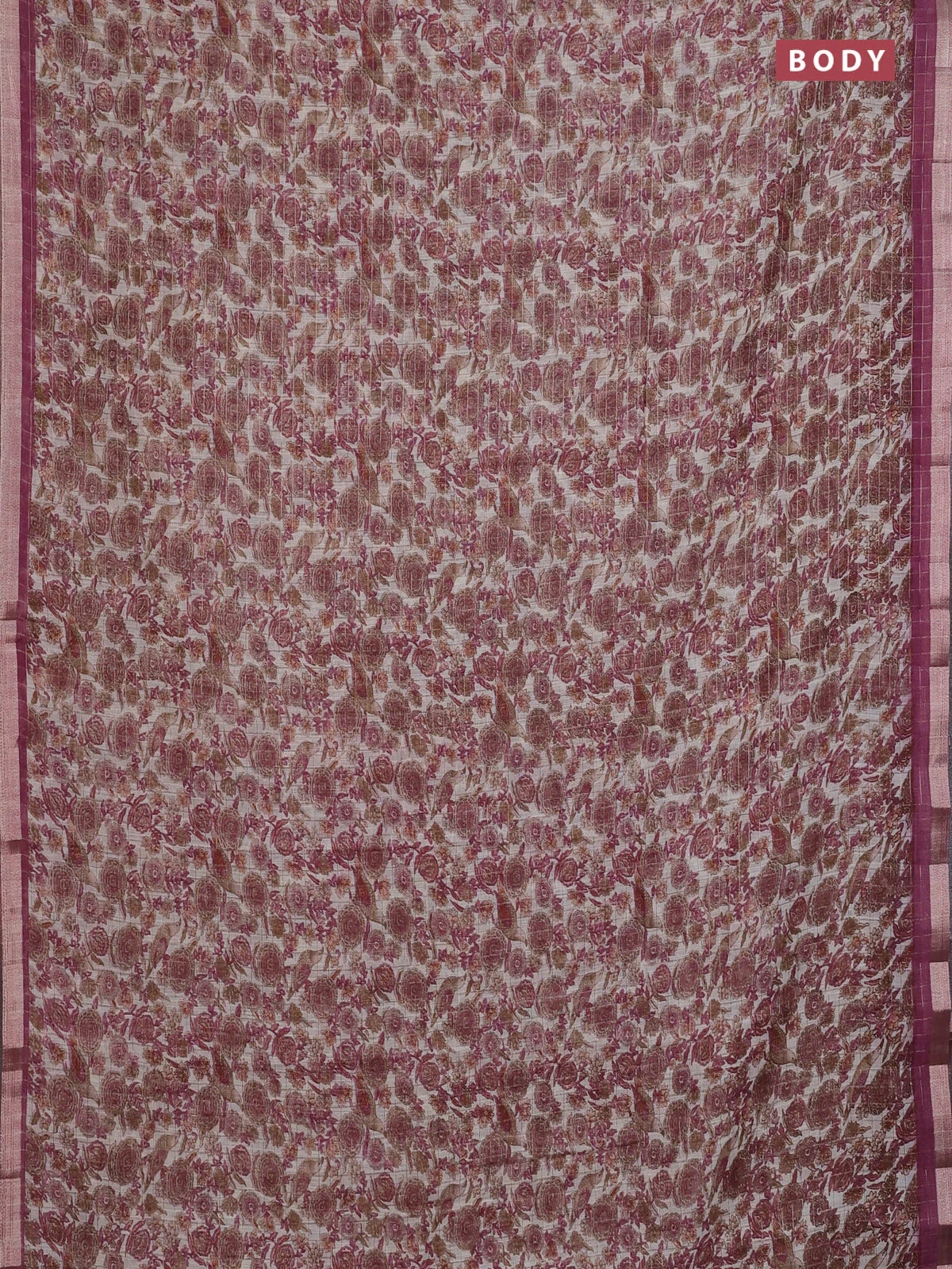 Linen cotton saree cream and wine shade with allover prints & zari checks and zari woven border - Image 2