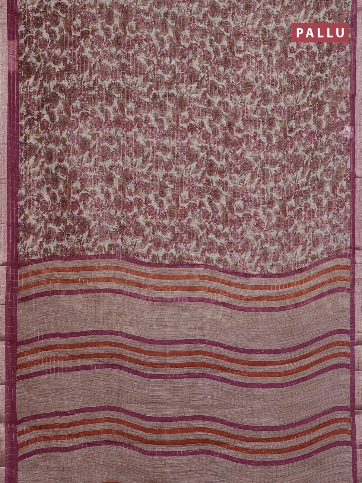 Linen cotton saree cream and wine shade with allover prints & zari checks and zari woven border - Image 3
