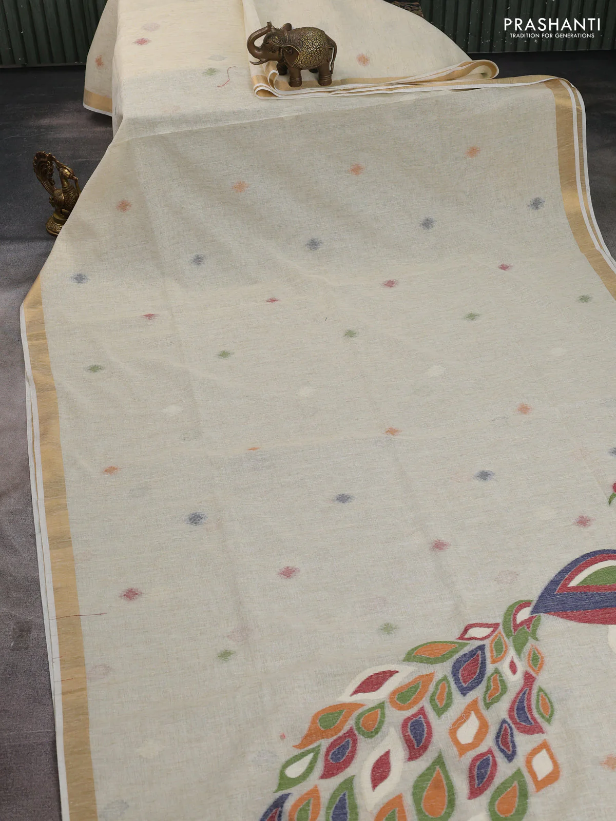 Linen cotton saree cream with allover thread woven buttas and peacock pallu - Image 2