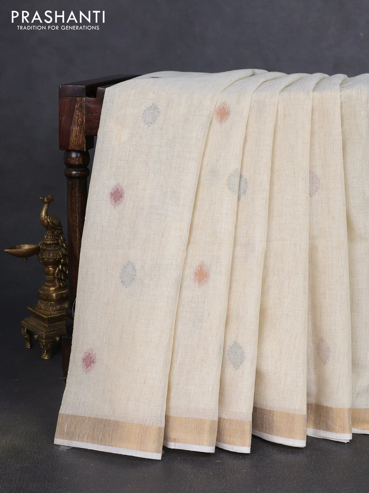 Linen cotton saree cream with allover thread woven buttas and peacock pallu - Image 3